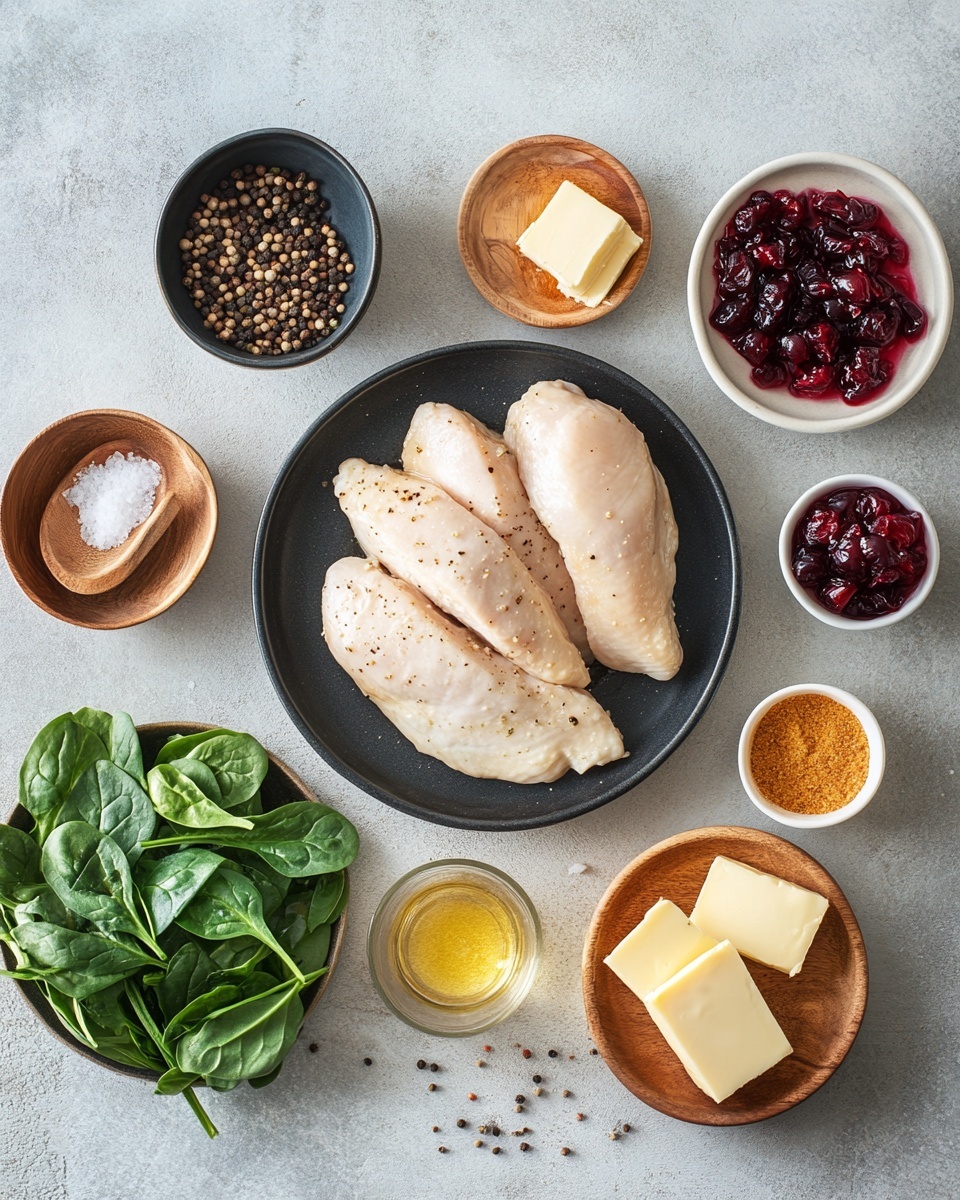 The image shows a white marbled square slab with two cooked light brown chicken pieces topped with small green herb sprigs in the center. To the right of the chicken, there is a neat stack of six thin, pale yellow cheese slices. Below the cheese, a pile of fresh, bright green spinach leaves rests in loose bunches. On the top right corner, six deep red whole cranberries are scattered. Two small white bowls filled with shiny chopped dark red cranberries are placed on the top left and left side. Near the bowls, two whole white garlic cloves and a full bulb of garlic sit on the marble surface. At the bottom left, there are three small pale yellow cheese cubes. A small clear glass bowl filled with golden olive oil is positioned near the cheese slices on the top right side. Some coriander seeds and additional cranberries are scattered lightly around the ingredients. Photo taken with an iphone --ar 4:5 --v 7