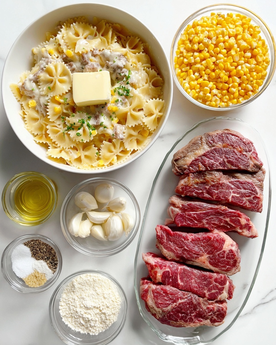 A white bowl filled with creamy pasta layered at the bottom, showing a glossy, light yellow sauce clinging to bow-tie-shaped pasta pieces with textured edges. On top, several browned chunks of grilled meat with visible sear marks sit over the pasta, speckled with green herbs and small yellow corn kernels scattered evenly. In the center, a square pat of butter is melting slowly, adding a smooth, pale yellow contrast to the warm tones of the dish. The background surface is a white marbled texture. photo taken with an iphone --ar 4:5 --v 7