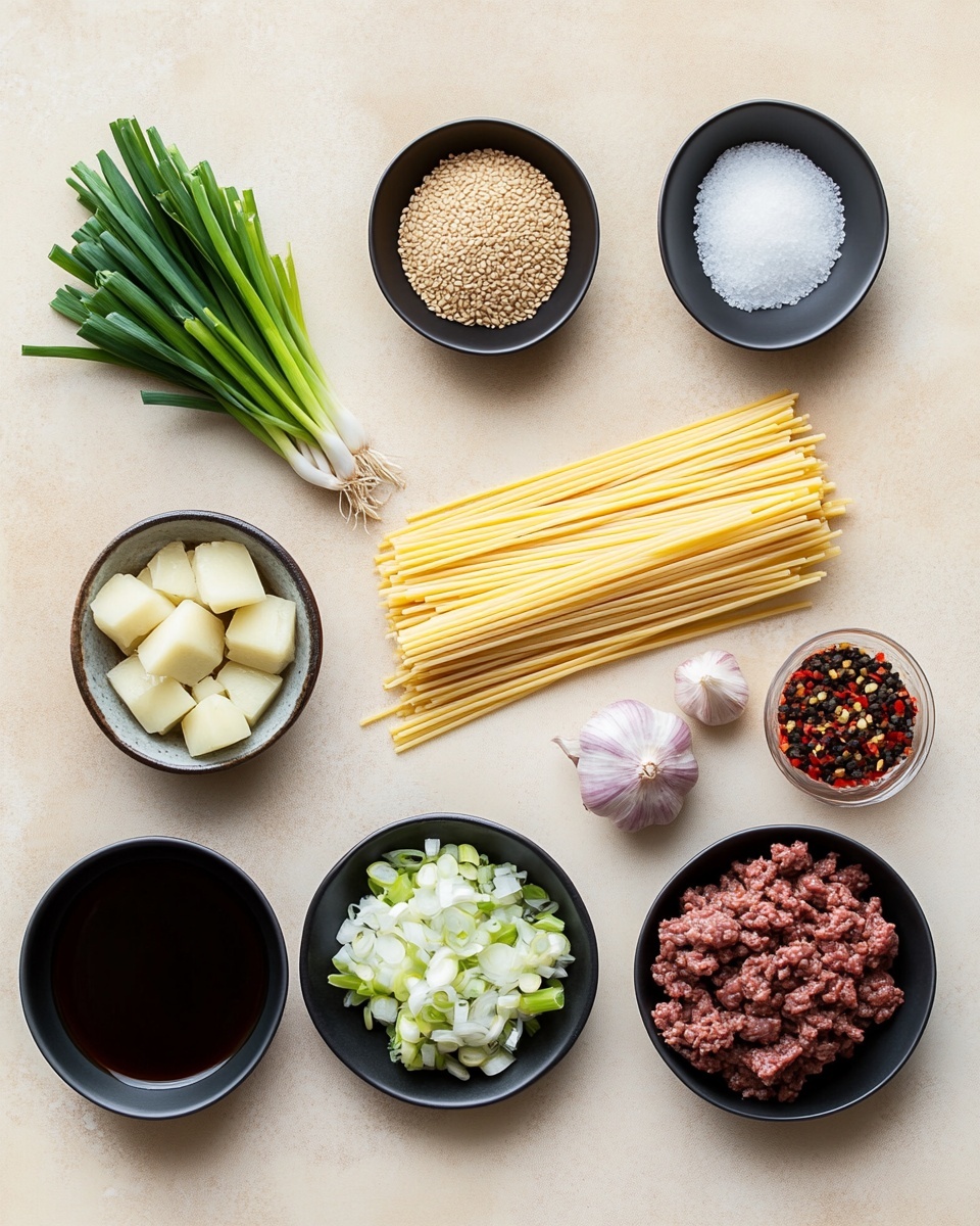 The image shows a black pan filled with cooked noodles mixed with small pieces of browned meat and chopped green onions scattered on top. The noodles are long and slightly shiny, coated in a brown sauce that gives them a glossy look. The meat is finely crumbled and mixed evenly throughout the noodles, with green onion slices adding a fresh pop of bright green color. The pan has a textured hexagonal pattern inside, and the overall setting is on a white marbled surface. photo taken with an iphone --ar 4:5 --v 7