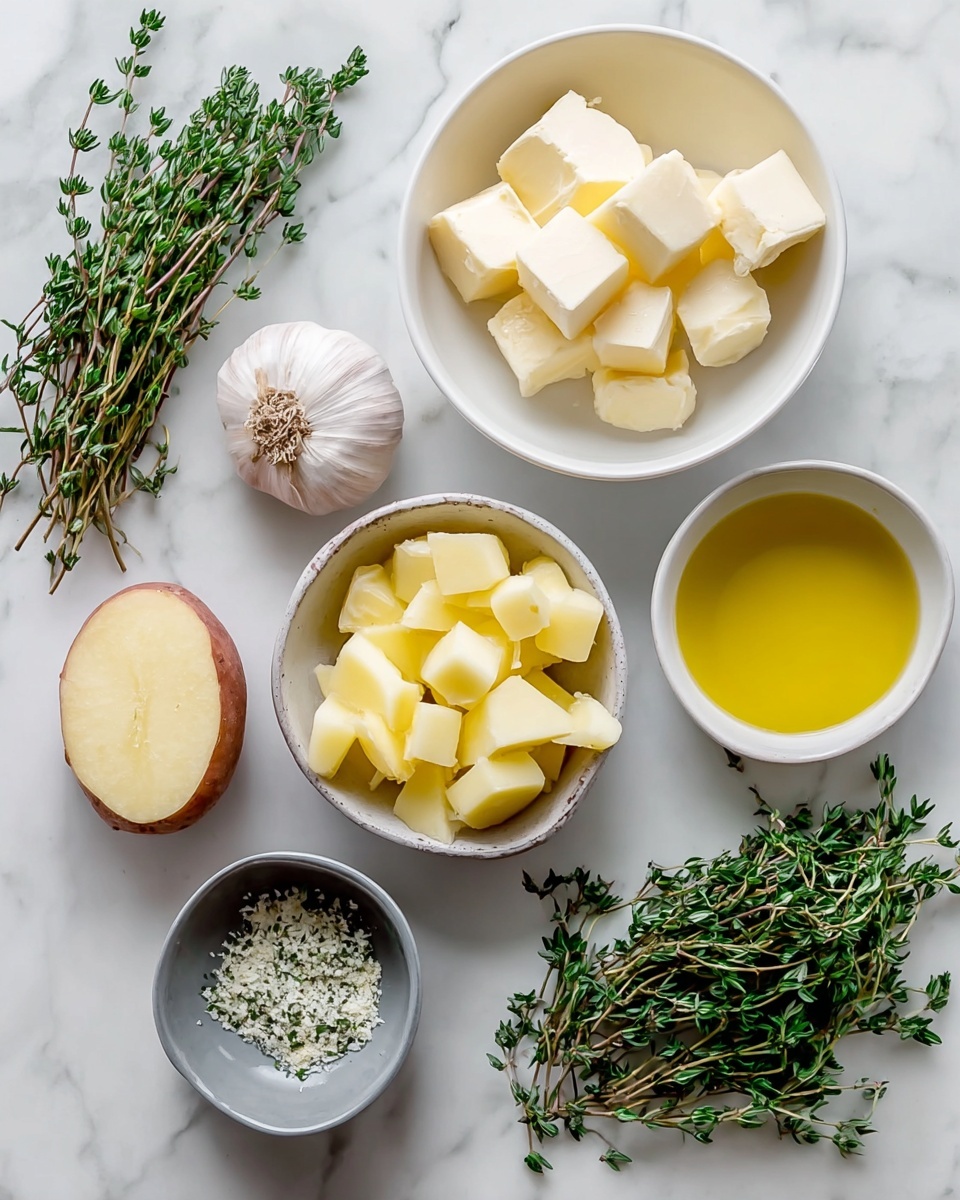 The image shows several items on a white marbled surface arranged neatly; on the top left are two sprigs of green thyme next to a whole garlic bulb and a single garlic clove; nearby is a red potato cut in half showing its white inside. Below that is a white bowl filled with thick chunks of pale yellow butter, and to the right of it is a small white bowl holding cubed potato pieces in light yellow. On the bottom center is a small gray bowl containing a mix of white salt with green herbs. To the top right is another white bowl filled with golden yellow olive oil, and to the right side of the image is a bunch of fresh green thyme sprigs spread loosely. The photo taken with an iphone --ar 4:5 --v 7