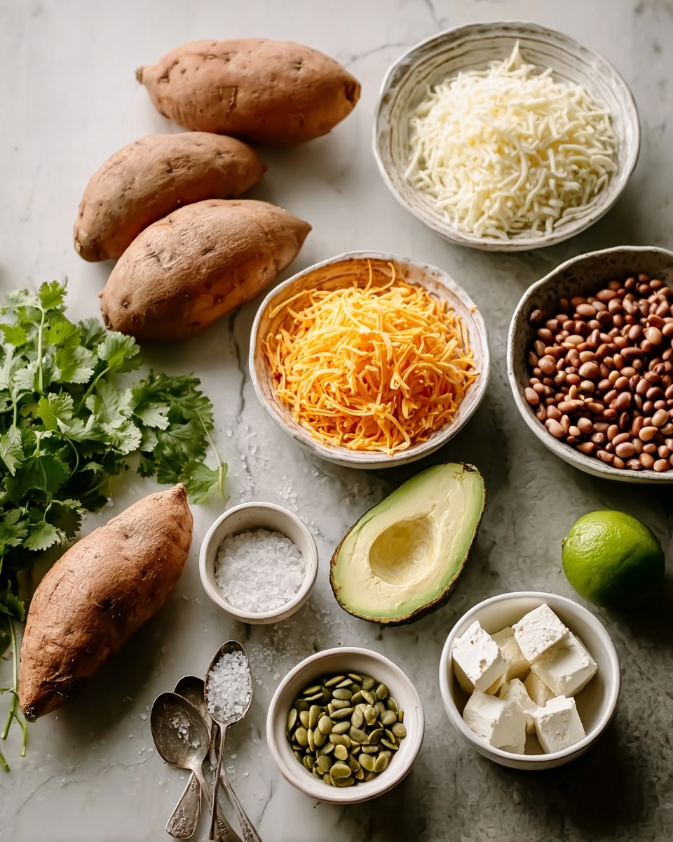 The image shows a spread of fresh ingredients arranged on a white marbled surface. On the left, there are four raw sweet potatoes with a rough brown skin, alongside a bunch of green cilantro leaves. Moving right, there are two white bowls filled with small round brown beans and shredded bright orange cheddar cheese, both resting next to half a green lime and half a green avocado with the seed still inside. In the center, there is a bowl of shredded white cheese, placed near a bowl of cubed white cheese with a crumbly texture. There are also two small white bowls: one with green pumpkin seeds and two small spoons, and the other with a small spoon and some coarse salt. Photo taken with an iphone --ar 4:5 --v 7