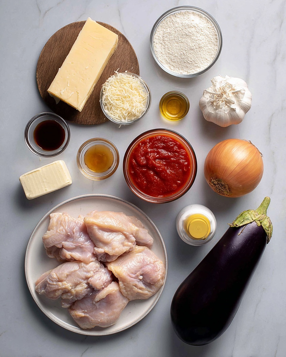 The image shows several ingredients for cooking laid out on a white marbled surface: on the right side, there is a dark purple eggplant, a whole light brown onion, and a white garlic bulb. Below them, raw pink chicken pieces rest on a white plate. To the left, a wooden board holds a piece of yellow cheese and a small bowl of grated pale cheese. Next to this, a clear glass cup is filled with red tomato sauce, and beside it is a small stick of pale butter. Above these, there are small glass bowls with white flour, light brown broth, and dark amber liquid. A bottle with a yellow cap is placed at the bottom. Photo taken with an iphone --ar 4:5 --v 7