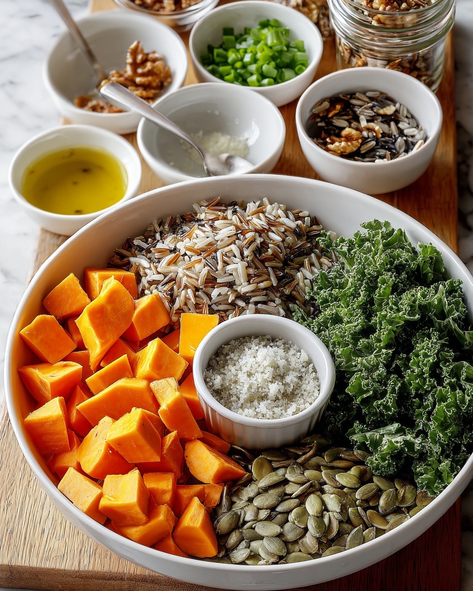 A white bowl on a white marbled surface holds four distinct sections: bright orange cubed sweet potatoes at the front left, mixed wild rice with long grains in brown and white at the back left, fresh green curly kale at the back right, and grayish-green pumpkin seeds at the front right. In the center of the bowl, there is a small white ramekin filled with a coarse white salt and minced garlic mixture. Surrounding the bowl on the wooden table are small white bowls containing green sliced scallions, more mixed wild rice, and several small jars filled with various liquids and seasonings. Photo taken with an iphone --ar 4:5 --v 7
