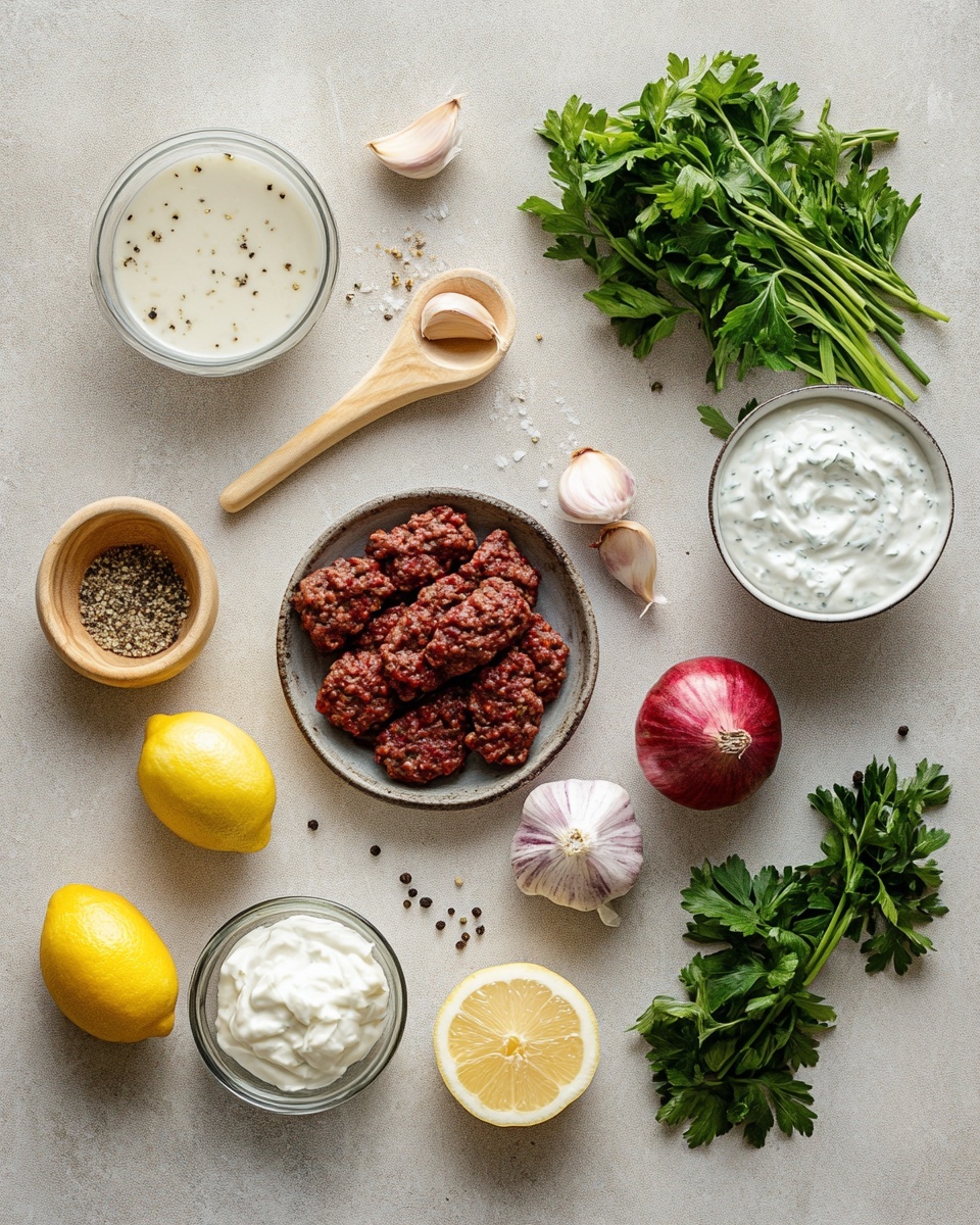 The dish shows several small browned meatballs scattered over a base of creamy white sauce sprinkled with reddish powder and fresh green herbs. Bright green leaves are partly visible underneath and around the sides. There are also some small roasted orange tomatoes placed near the sauce. The food is served in a white bowl with a white marbled surface under it. The meatballs have a textured, slightly shiny crust with bits of green herbs on top. photo taken with an iphone --ar 4:5 --v 7