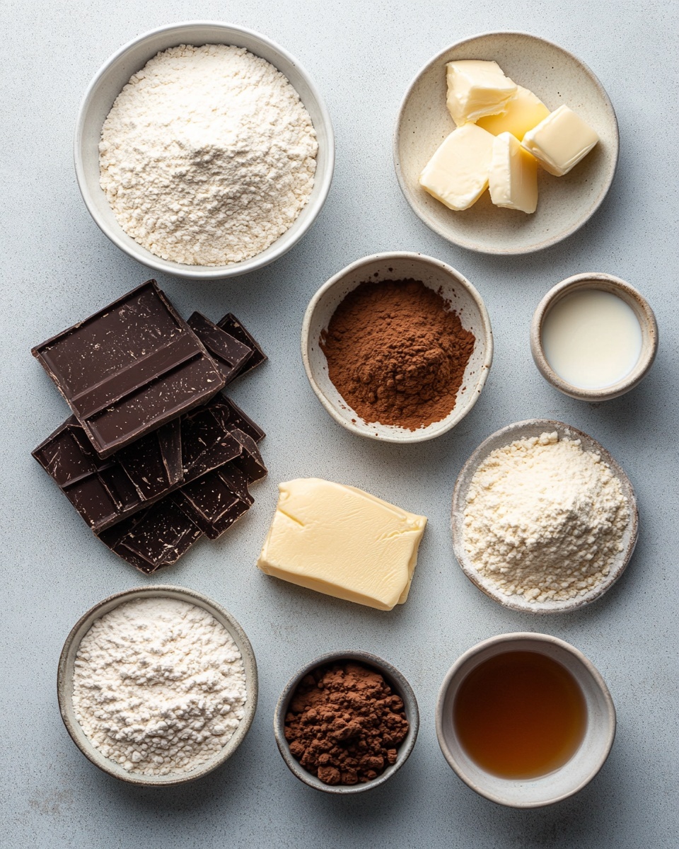 A rectangular loaf of chocolate babka sits on white parchment paper over a white marbled surface, showing a rich swirl pattern made of dark brown chocolate layers and lighter brown dough. The top texture is shiny and slightly cracked, revealing the dense, twisted design with clear, thick chocolate lines running across the bread. Around the loaf, there are scattered small pieces of dark chocolate and cocoa powder. In the background, part of a white container and a copper measuring cup add warm tones to the scene. Photo taken with an iphone --ar 4:5 --v 7