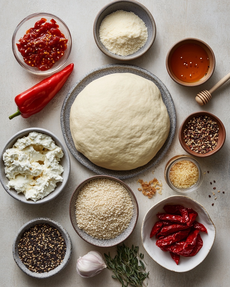 A round pizza with a thick, golden brown crust that has some dark charred spots. The pizza is topped with melted white cheese spread evenly across the surface, with some bubbles and light browning. Red tomato pieces and small green herb leaves are scattered over the cheese. There is a light sprinkling of a coarse yellow topping on top, likely a type of seasoning or cheese. The pizza is on a dark wooden board with some flour dusted lightly around it. One slice is being pulled slightly away, showing some cheese stretching between the slice and the rest of the pizza. The background is a white marbled texture. photo taken with an iphone --ar 4:5 --v 7