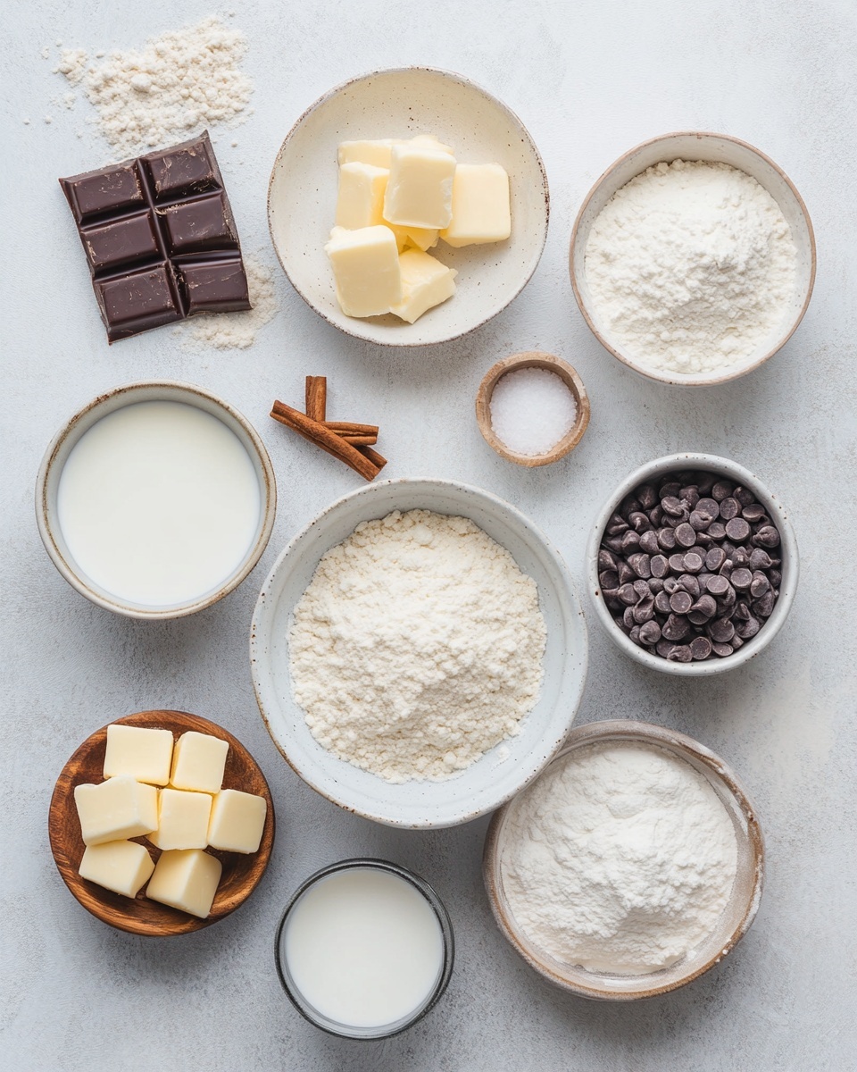 A basket lined with light beige cloth holds six round, shiny golden-brown buns speckled with small, dark chocolate chips. One bun is torn open, showing a soft, light inside dotted with more chocolate chips. The basket sits on a dark wooden board with a small white bowl of dark chocolate chips beside it. The whole scene is on a white marbled surface with scattered flour and chocolate chips around. Photo taken with an iphone --ar 4:5 --v 7
