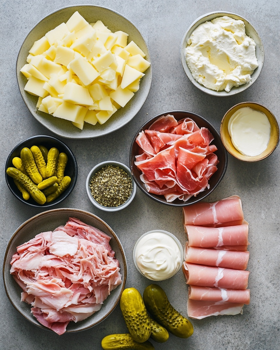 The image shows a black cast iron skillet filled with a cooked dish that has a top layer of melted, light golden cheese. On top of the cheese are thin pink strips of ham scattered evenly and several greenish-yellow pickle slices placed across the surface. The edges of the dish show a slightly browned and crispy texture. The skillet rests on a light textured cloth with a green grid-patterned cloth partially underneath. A wooden spoon lies next to the skillet. The whole scene is set on a white marbled background. photo taken with an iphone --ar 4:5 --v 7
