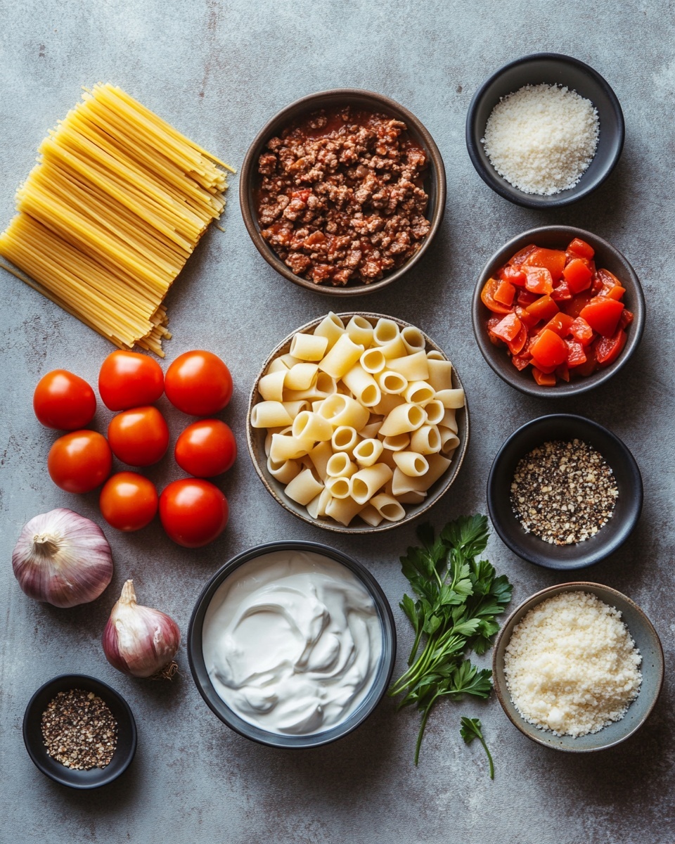 A close-up of a black bowl filled with rigatoni pasta covered in a light brown meat sauce with small tomato pieces mixed in. The pasta is tube-shaped and yellowish with ridges. The dish is topped with small green parsley leaves scattered evenly over the pasta. In the background, there are whole red tomatoes on the vine and some green parsley, all set on a white marbled surface. Photo taken with an iphone --ar 4:5 --v 7