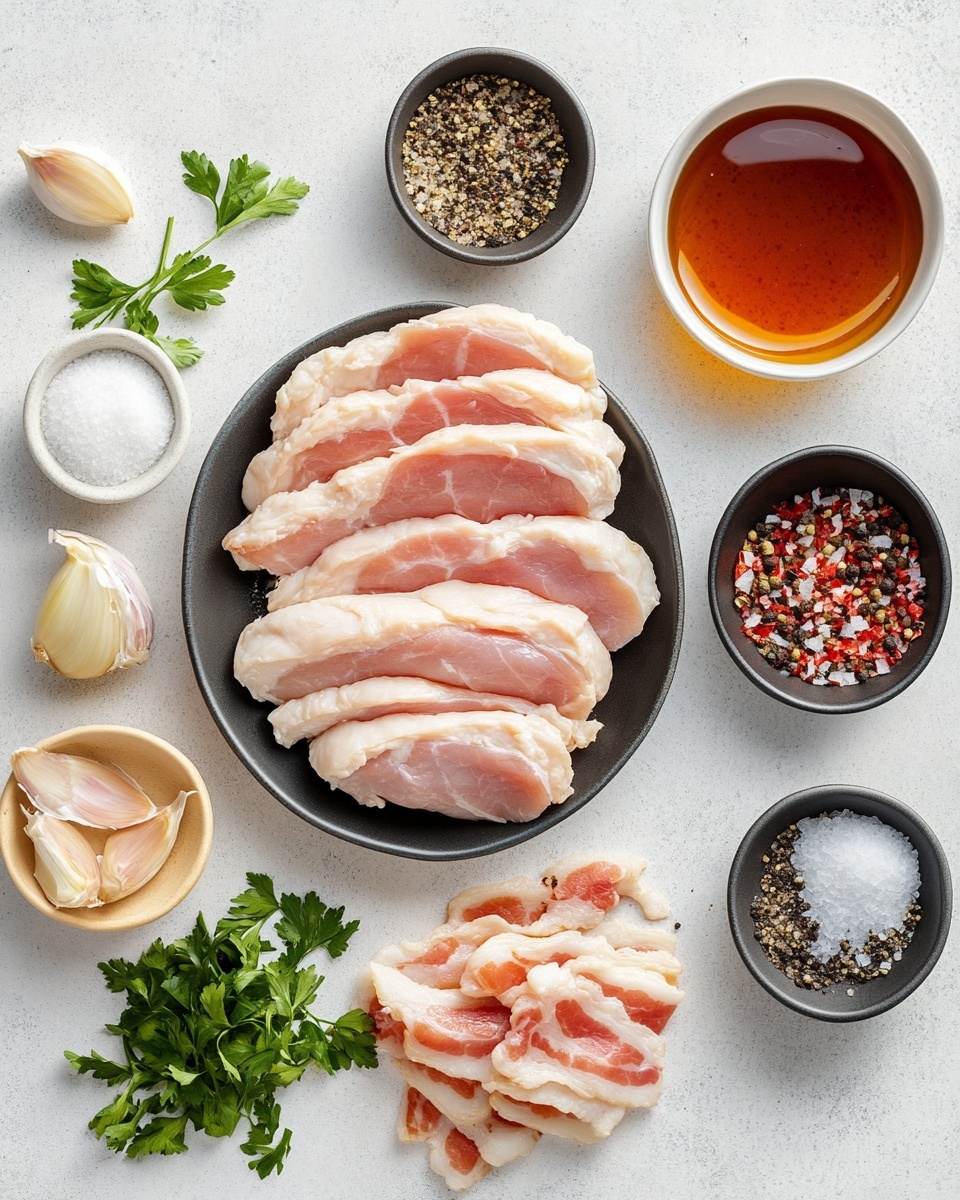 A white rectangular plate holds a stack of six crispy fried chicken pieces with a golden brown crust, each topped with small dark red bacon bits. The chicken is covered in a thick shiny brown sauce with visible black pepper specks, pooling slightly around the pieces. Small green herb flakes are sprinkled evenly on top, adding a fresh color contrast. The close-up shot highlights the crunchy texture of the chicken and the glistening sauce. photo taken with an iphone --ar 4:5 --v 7