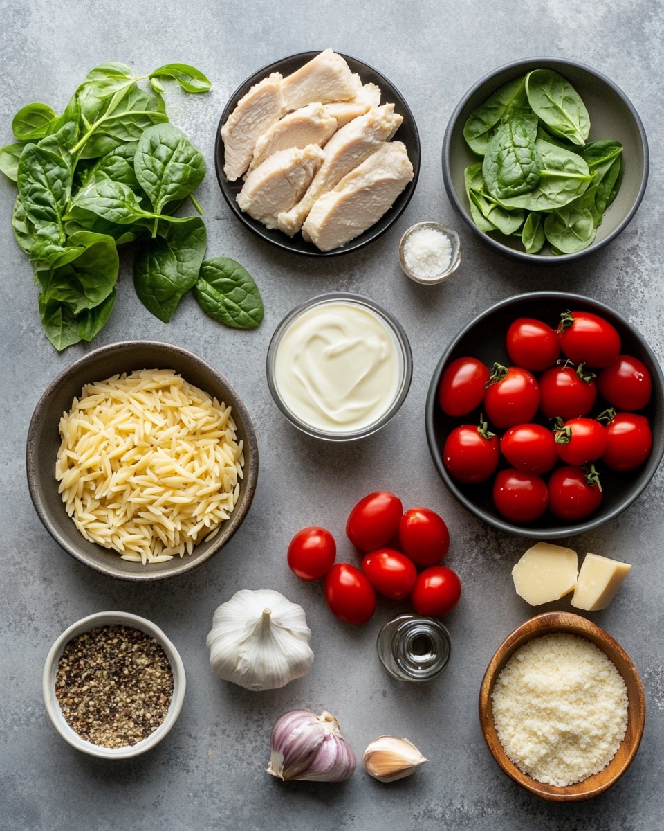 A white rectangular baking dish filled with a layered dish, starting with a base of small cooked pieces of pale chicken, mixed with chopped deep green spinach and bright red and yellow cherry tomatoes, all scattered with bits of finely chopped purple onion and small orzo pasta pieces in a light sauce. In the center, there is a large, square piece of white cheese with a smooth, soft texture, partially pierced by two gold forks held by a woman's two hands, one on each side. Fresh green basil leaves sit on top and around the cheese. The dish is placed on a white marbled surface with small bowls of chopped green herbs and shredded pale cheese nearby, along with more fresh basil leaves. Photo taken with an iphone --ar 4:5 --v 7