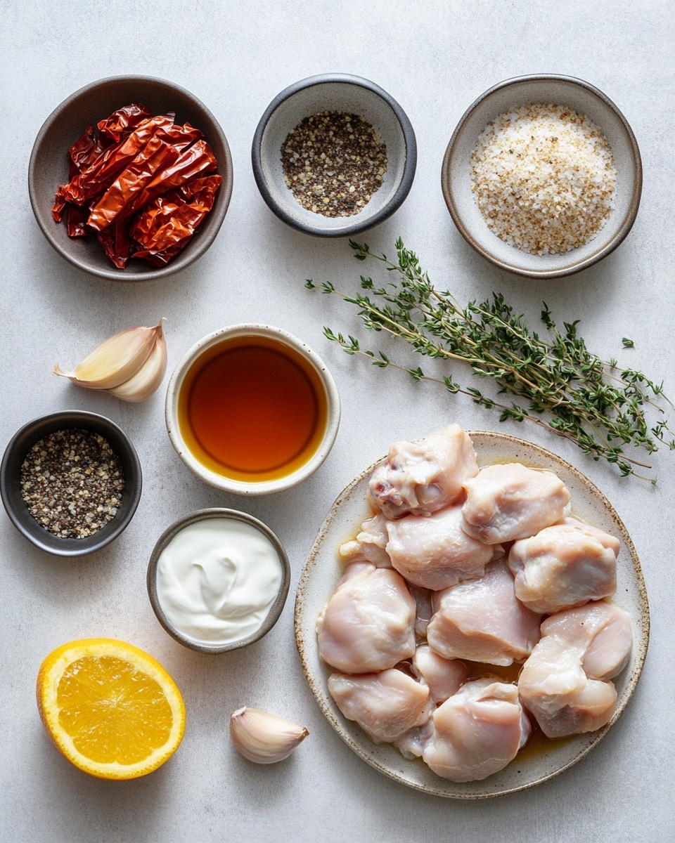 The dish shows a white plate filled with chunks of cooked chicken in a rich, reddish-brown sauce with a smooth texture, scattered with small green herb pieces. The sauce has a creamy quality with visible spices and small bits of onion. On the left side of the plate, two toasted pieces of bread with golden brown and slightly charred texture rest partially dipped in the sauce. A woman's hand is holding a torn piece of bread above the plate. A silver fork lies on the right edge of the plate, slightly coated with some sauce. The background is a white marbled surface. Photo taken with an iphone --ar 4:5 --v 7