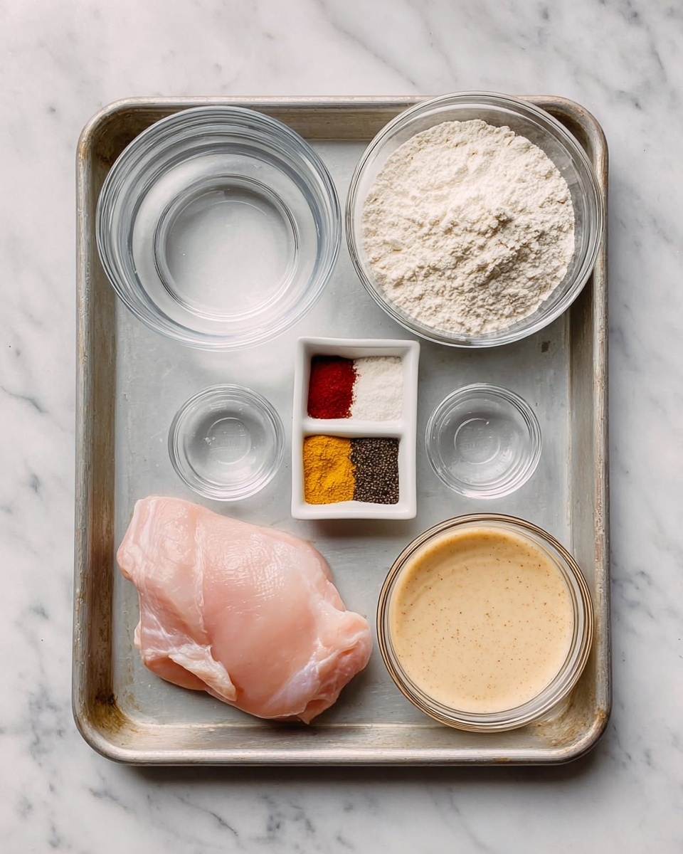 A metal tray holds six containers arranged neatly on a white marbled surface. Starting from the bottom left, there is a raw light pink chicken piece with smooth texture. Above it, a small clear bowl filled with a white liquid sits next to another clear bowl with water at the top left corner. At the top right is a clear bowl filled with white flour. Near the center, a small square white dish holds a neat set of colorful spices, including yellow, black, red, and white powders. At the bottom right corner, a glass container holds a creamy, light brown sauce. The overall setup looks clean and organized. Photo taken with an iphone --ar 4:5 --v 7