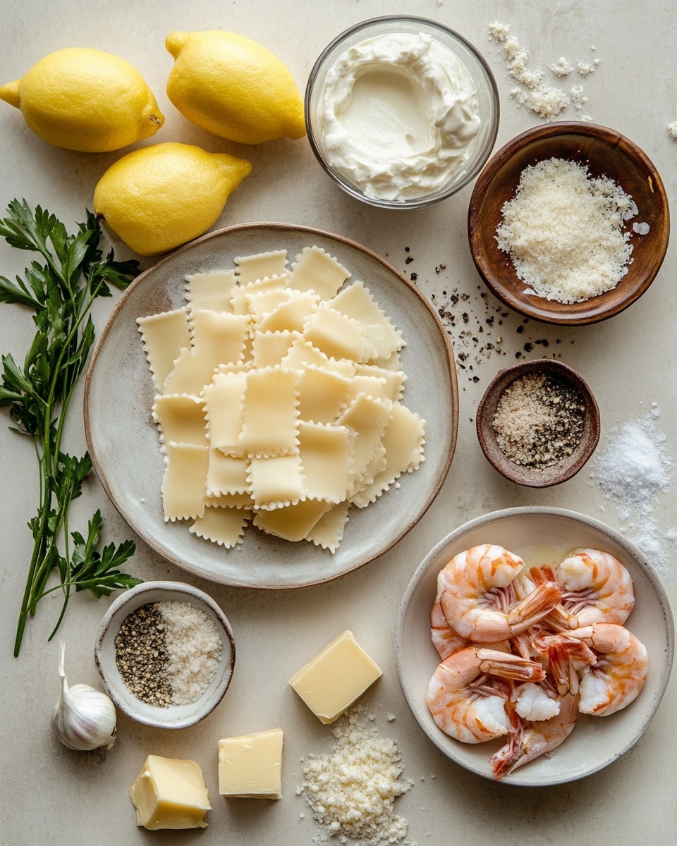 A thick square slice of lasagna is shown on a white plate, set on a white marbled surface. The dish has three visible pasta layers: the top layer is golden and slightly browned with five cooked shrimp spread evenly on the surface, each shrimp having a light orange color and some grill marks. Between the pasta layers, creamy white sauce with small pieces of shrimp or seafood is visible, with some green herbs sprinkled throughout. The top is also garnished with finely chopped green herbs, adding a fresh contrast to the creamy textures and warm colors. Some sauce slightly spills out of the bottom layer, enhancing the creamy look photo taken with an iphone --ar 4:5 --v 7