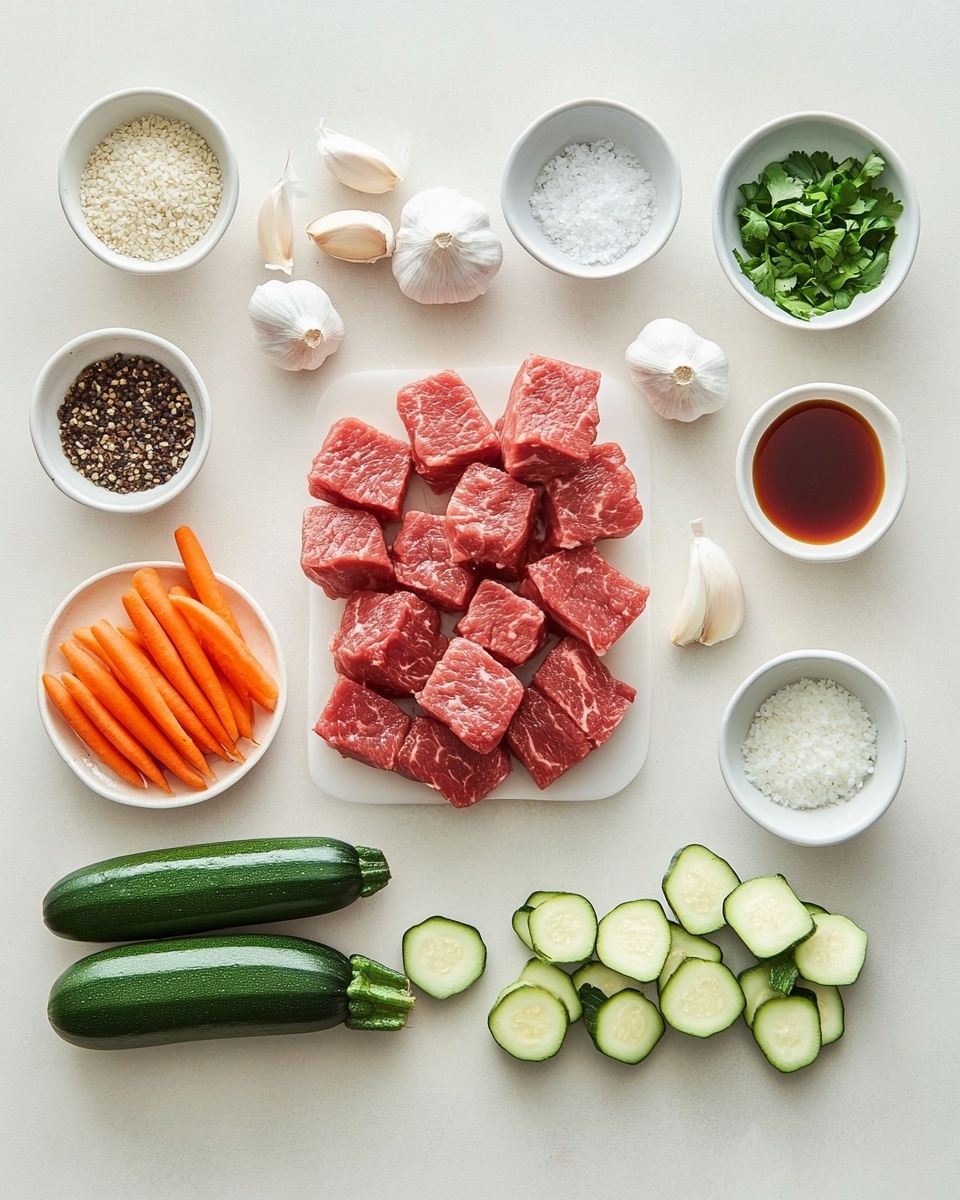 A white bowl contains three main layers: on the left, dark brown grilled meat pieces topped with a light drizzle of sauce and white sesame seeds, garnished with green herbs; in the middle towards the top, a small bowl filled with thick, creamy light orange dipping sauce with black pepper flakes; on the right, golden fried rice with small pieces of orange carrots and green onions mixed in; at the bottom, a colorful mix of sautéed vegetables including orange carrot slices, green zucchini slices, and light brown mushrooms with a creamy drizzle on top. Two wooden chopsticks rest on the bowl, positioned diagonally from the top left to the bottom right. The bowl sits on a white marbled surface with a green cloth partially underneath. Nearby, there is a small brown bowl with sesame seeds, a white bottle, and small panda chopstick rests. photo taken with an iphone --ar 4:5 --v 7