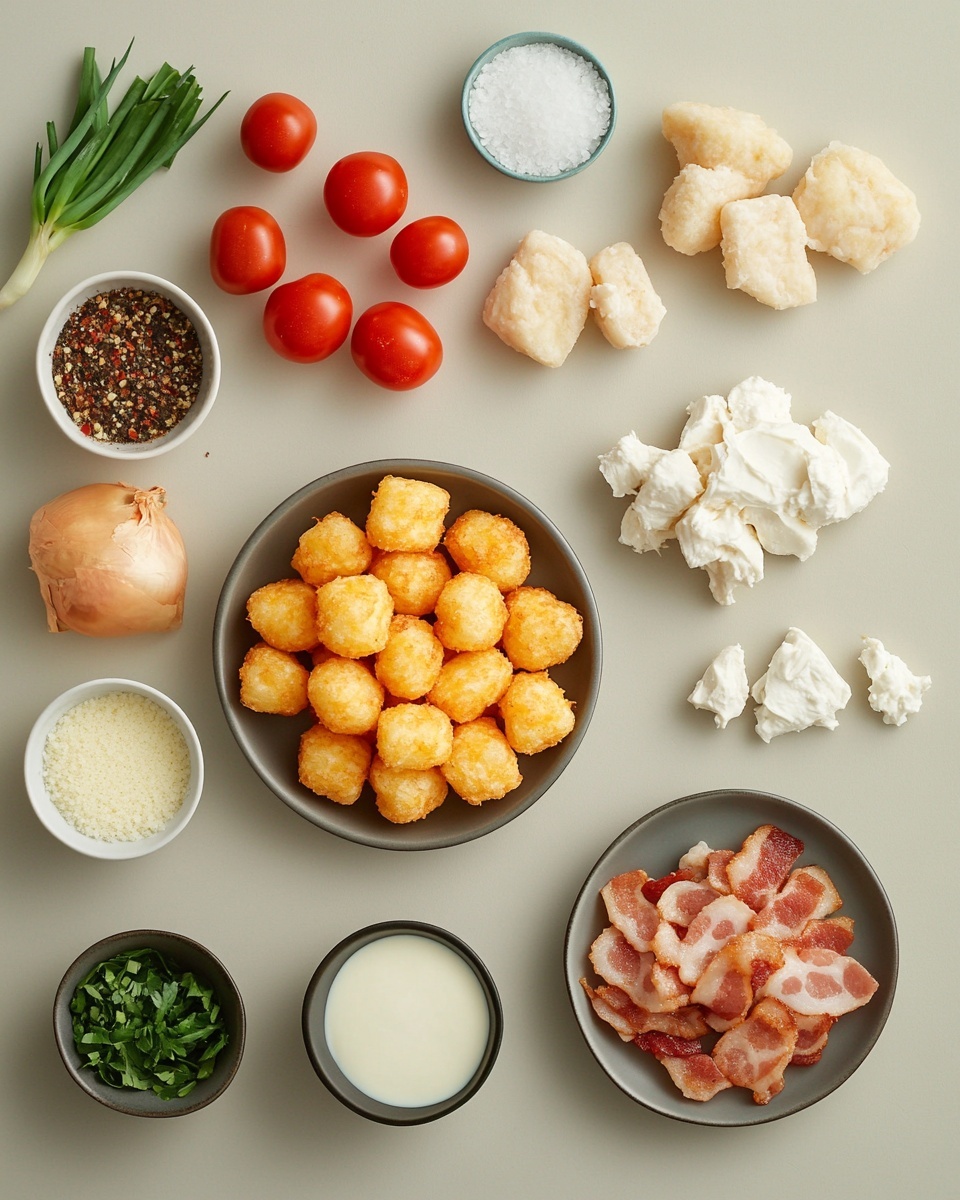 The dish shows a round black skillet filled with a layer of golden brown tater tots arranged closely in small rectangular shapes covering the whole top surface. Below the crispy tater tots, hints of melted cheese and a reddish sauce can be seen peeking out between gaps, creating an underlayer with orange and red tones. The top layer is sprinkled with small pieces of fresh chopped green onions, adding bright green spots across the golden surface. The skillet handle extends forward, resting on a white marbled texture with a plaid cloth underneath. photo taken with an iphone --ar 4:5 --v 7