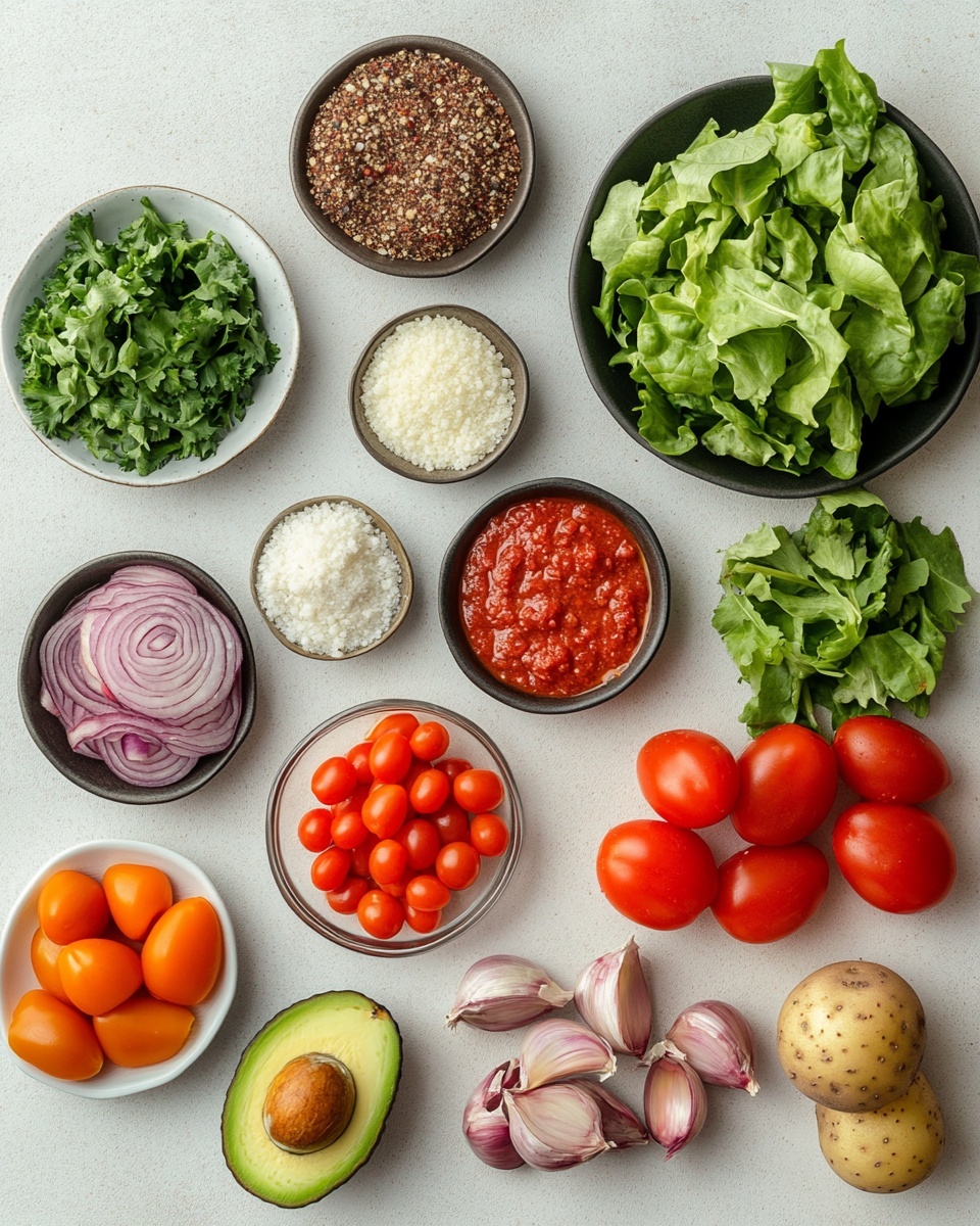 A white bowl filled with a colorful salad is shown on a white marbled surface. The bottom layer is green lettuce leaves. On top, loose brown cooked minced meat is piled on one side. Next to it are light green pickle slices with a crinkle texture. To the left, there are red and yellow cherry tomatoes, halved and sprinkled with small green dill leaves. On the upper right, thin purple onion rings rest over the lettuce. A small metal container with a creamy orange-colored sauce is placed on the right side inside the bowl. The overall look is fresh and vibrant with clear layers visible. photo taken with an iphone --ar 4:5 --v 7