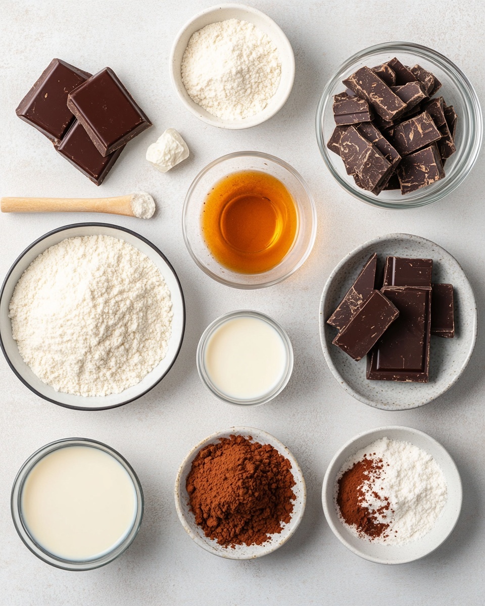 The image shows five round chocolate treats arranged closely in a white rectangular dish, all covered evenly with a layer of fine cocoa powder giving them a deep brown, powdery surface. One of the treats is slightly opened at the top, revealing a smooth, rich dark chocolate filling inside, which looks shiny and thick. The dish rests on a white marbled surface and there is a wooden stick placed diagonally in the lower right corner of the dish. Photo taken with an iphone --ar 4:5 --v 7