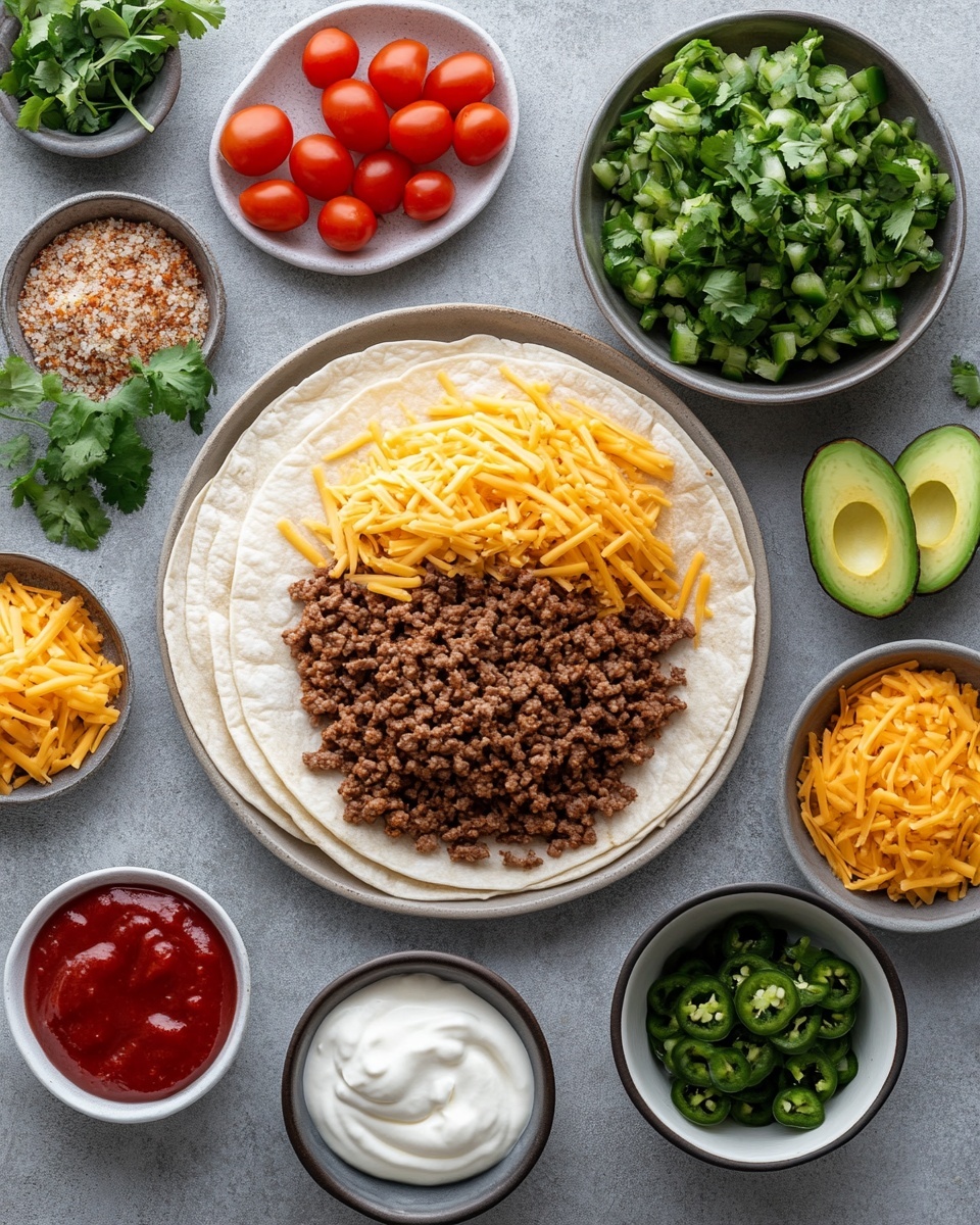 A white plate is filled with seven golden brown taco-like folded tortillas, each filled with a dark brown meat mixture that slightly peeks out from the sides; the tortillas show crispy, unevenly browned spots, stacked and slightly overlapping in the center of the plate. Around the plate’s edges are small lime wedges adding bright green touches. To the right, there is a white bowl filled with chunky red and orange salsa with bits of onion and cilantro visible. At the bottom left, a brown bowl contains a thick green sauce with a smooth texture, accompanied by a silver spoon next to it. A whole green jalapeño pepper and another lime wedge lie on the white marbled surface, along with a neatly folded yellow cloth and a blue and white striped cloth napkin placed toward the top left. Photo taken with an iphone --ar 4:5 --v 7