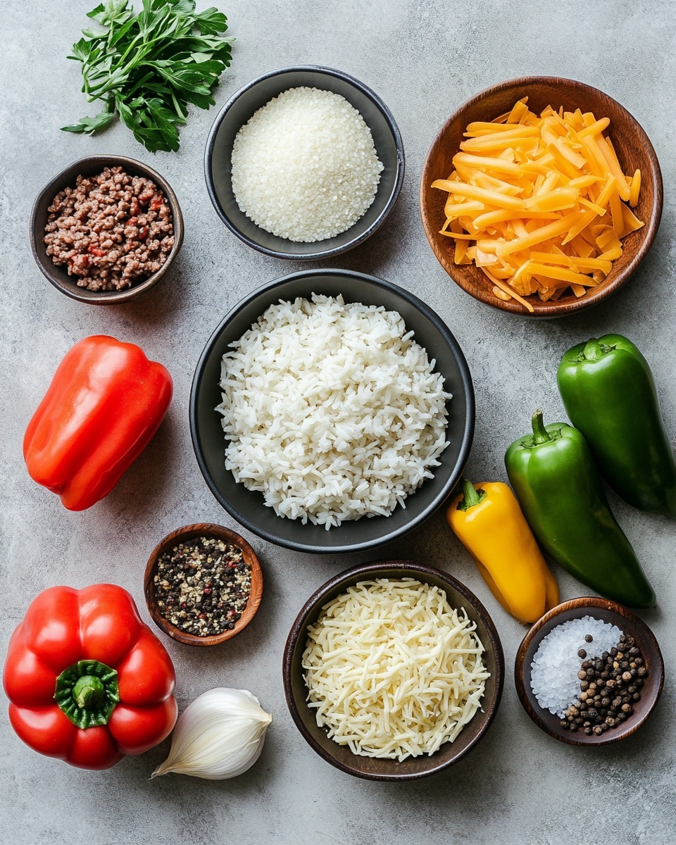 The image shows six stuffed bell pepper halves arranged closely in a black slow cooker. Each pepper is filled with a mix of ground meat and rice, topped with melted yellow cheese that looks soft and slightly browned in spots. There are three green, two orange, and one red pepper, each cut in half and filled generously. The inside filling is textured with visible grains of rice and bits of meat. The slow cooker has a shiny, round interior surface, and the setting looks cozy and warm on a white marbled surface. photo taken with an iphone --ar 4:5 --v 7