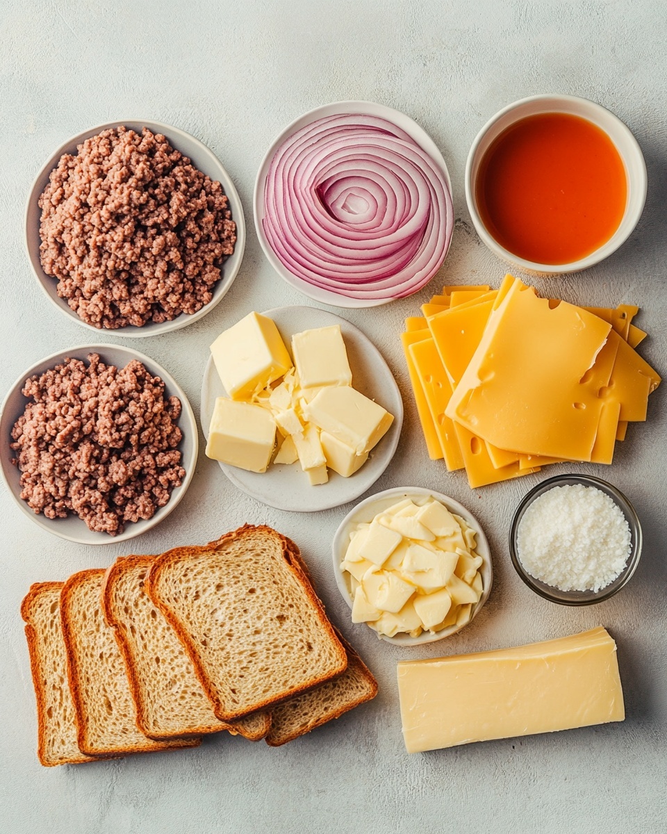 A close-up view of a grilled sandwich cut in half and stacked vertically on a white plate, resting on a white marbled surface. The sandwich has three main parts visible: the golden-brown toasted bread on the top and bottom with a slightly crispy texture, a middle layer of cooked ground meat mixed with caramelized onions, and melted yellow cheese that oozes slightly between the layers. On top of the sandwich is a dark green pickle held in place by a small wooden skewer with a loop. The background is softly blurred with a white cloth in the back, focusing full attention on the sandwich. photo taken with an iphone --ar 4:5 --v 7
