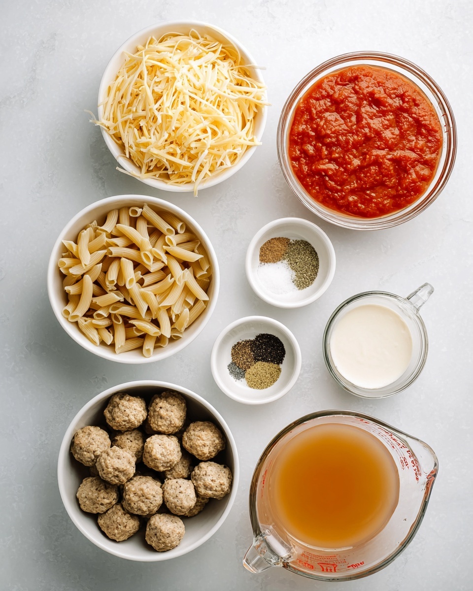 The image shows a white rectangular baking dish filled with baked penne pasta mixed with small round meatballs, all covered in melted cheese that is slightly browned in spots. In front of it, there is a white round plate with a serving of the pasta and meatballs, displaying a rich orange tomato sauce coating the penne and the meatballs. Some cheese strands stretch between the pasta and meatballs on the plate. A wooden spoon rests inside the baking dish, and the scene is set on a white marbled surface. Photo taken with an iphone --ar 4:5 --v 7