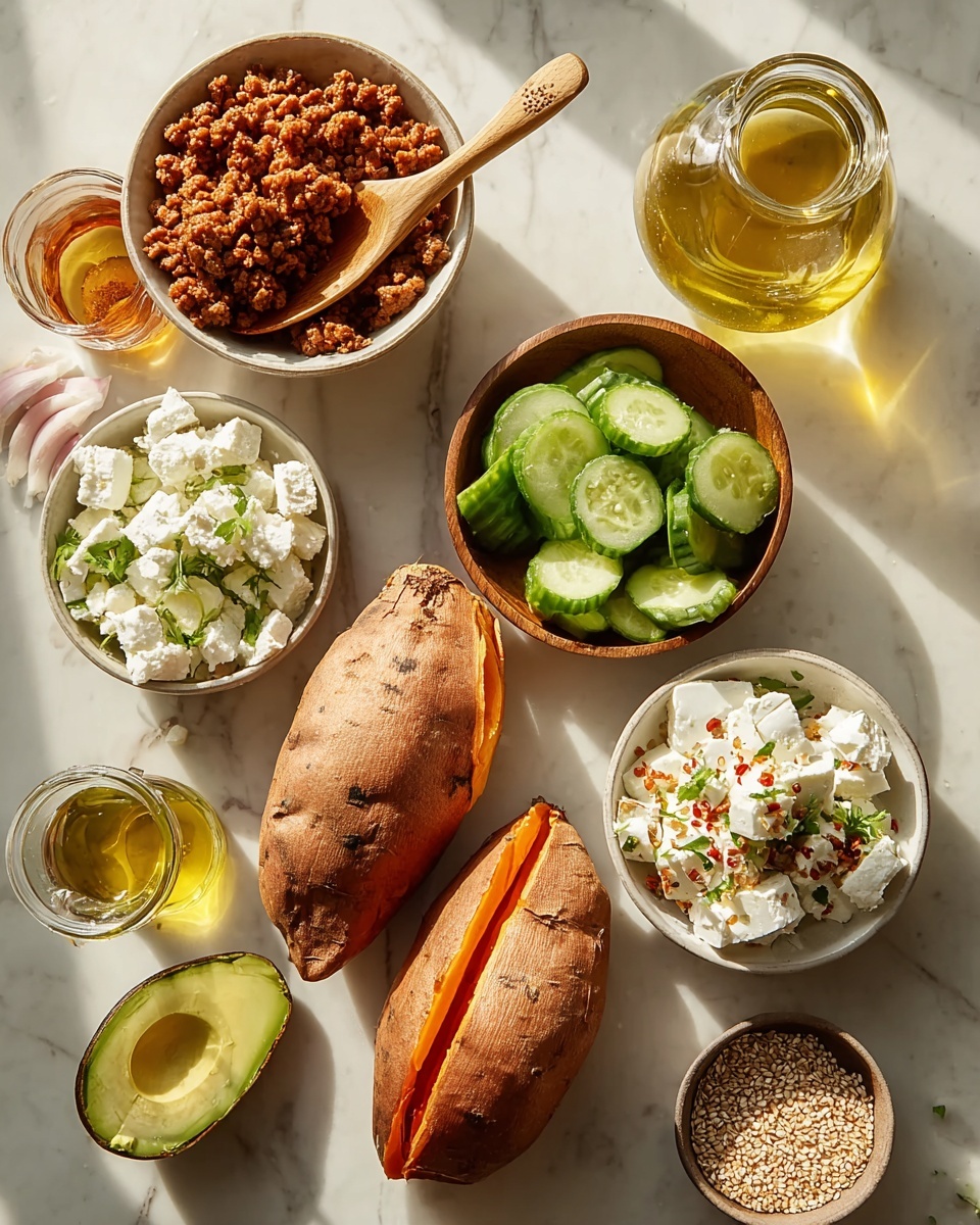 The dish shows two halves of a baked sweet potato, each with a dark orange soft inside and a slightly rough brown skin. On top of the sweet potato, there is a layer of browned ground meat with a crumbly texture. Over the meat, there are dollops of white, crumbly cheese that add a soft and creamy look. Finally, slices of bright green avocado are placed on top, with some chopped green herbs scattered over everything. All the layers are on a white plate with a speckled edge, set on a white marbled surface. The photo taken with an iphone --ar 4:5 --v 7