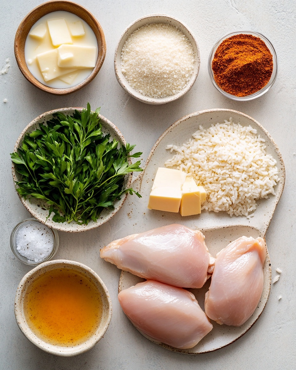 The dish shows one thick piece of golden brown chicken, covered with a creamy light yellow sauce mixed with herbs. The sauce has green herb bits scattered across it, making it look fresh. The chicken lies on a bed of white rice with separate grains visible around the edges. There are extra chopped green herbs sprinkled on top, adding bright green spots. The food is served on a white plate with a smooth edge, sitting on a white marbled surface. photo taken with an iphone --ar 4:5 --v 7