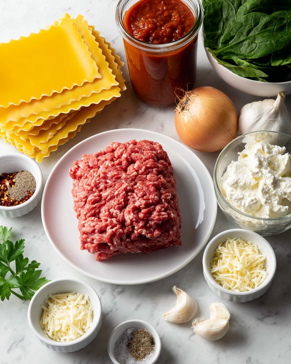 A white bowl filled with thick red tomato sauce layered with short, wide pasta pieces that have wavy edges, scattered chunks of meat, and green leafy herbs. On top of the sauce is a dollop of white creamy cheese sprinkled with red chili flakes and more chopped green herbs. The bowl is placed on a white marbled surface with a light-colored cloth nearby and another similar bowl slightly blurred in the background. Photo taken with an iphone --ar 4:5 --v 7