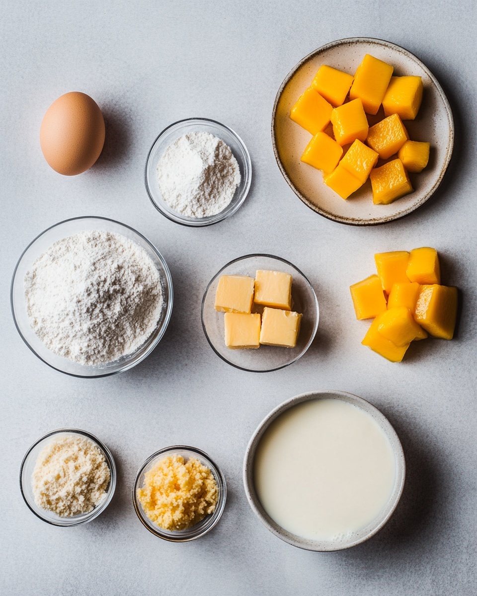 A blue white-rimmed plate on a white marbled surface holds four yellow folded crepes. Two of the crepes are whole with small orange mango chunks on top. In front are two crepes cut open to show three layers inside: a thick creamy white layer, a large bright orange mango piece in the center, and the yellow crepe wrapping all around. More small mango pieces are scattered on and beside the crepes. The whole scene is bright and fresh with smooth textures. photo taken with an iphone --ar 4:5 --v 7