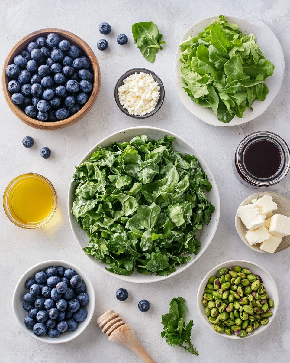 A fresh salad served on a white plate with a speckled rim, placed on a white marbled surface. The salad has a base of vibrant green leafy arugula and spinach leaves. Scattered on top are juicy blue blueberries, light green sliced cucumber rounds, and small pieces of white flower petals. There are also various nuts, including whole pistachios and sliced almonds, providing a mix of green, beige, and light brown colors. The salad is lightly drizzled with a golden honey-like dressing, giving some leaves and fruit a shiny, moist texture. photo taken with an iphone --ar 4:5 --v 7