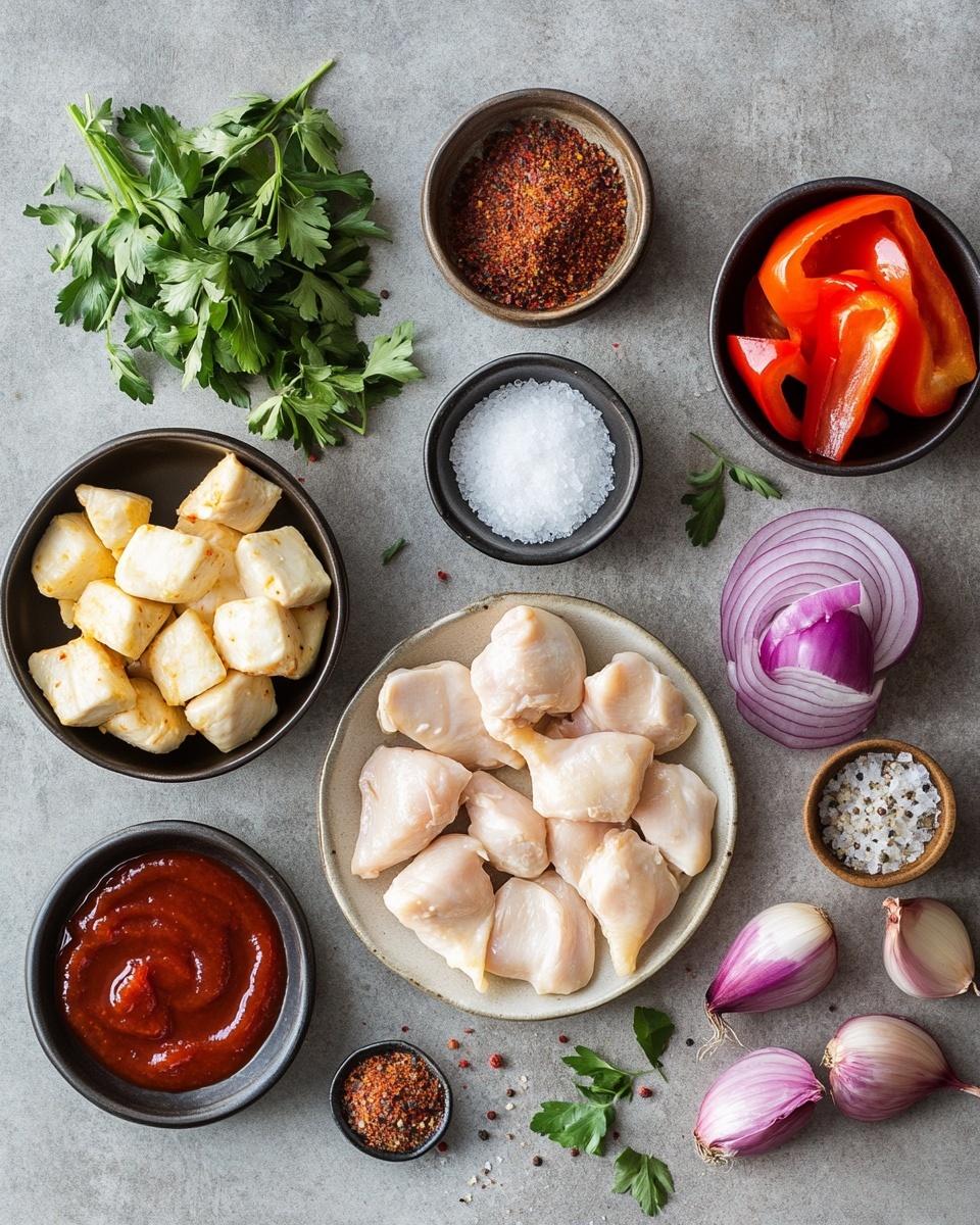The image shows several square slices of pizza on a baking sheet with brown parchment paper. Each slice has a thick, light brown crust base, with a layer of melted white cheese on top. On the cheese, there are pieces of cooked, light golden-brown chicken with a slightly charred look. Red bell pepper slices and thin purple onion strips are scattered over the chicken. Small green herb leaves are sprinkled over the top, adding a fresh color contrast. The pizza looks rich with a mix of textures from soft cheese to tender chicken and crunchy vegetables. The background surface is a white marbled texture. Photo taken with an iphone --ar 4:5 --v 7