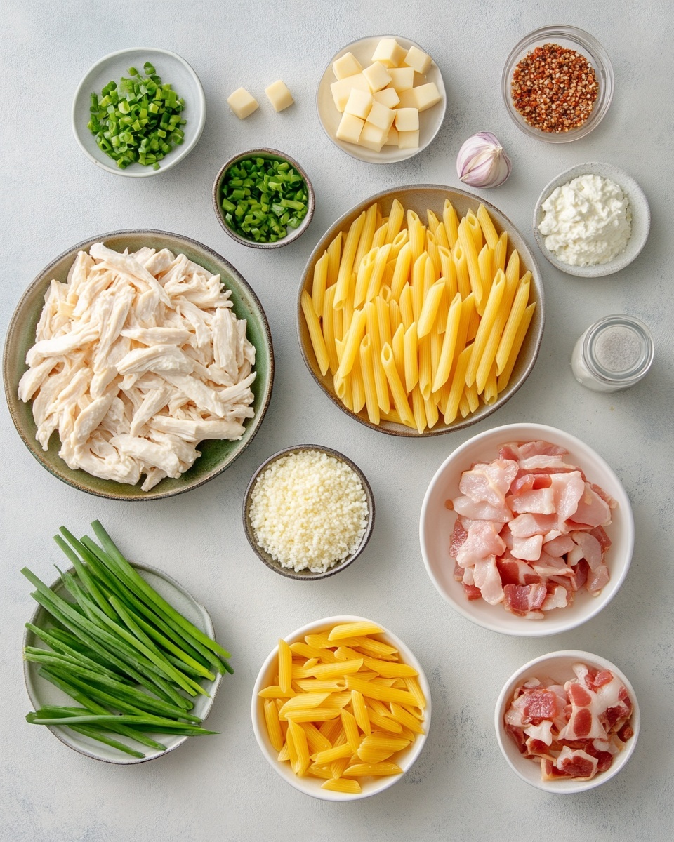 The image shows a black pan filled with creamy penne pasta and pieces of grilled chicken on top. The pasta is coated in a smooth, light yellow sauce that gives a rich texture, while the chicken pieces have a golden brown color with slight char marks, showing they were grilled. Sprinkled bits of green parsley add a fresh, colorful touch scattered evenly over the pasta and chicken. A wooden spoon is partially buried in the dish, stirring some pasta and chicken pieces close to the center. The pan rests on a white marbled surface with green herbs blurred in the background. Photo taken with an iphone --ar 4:5 --v 7