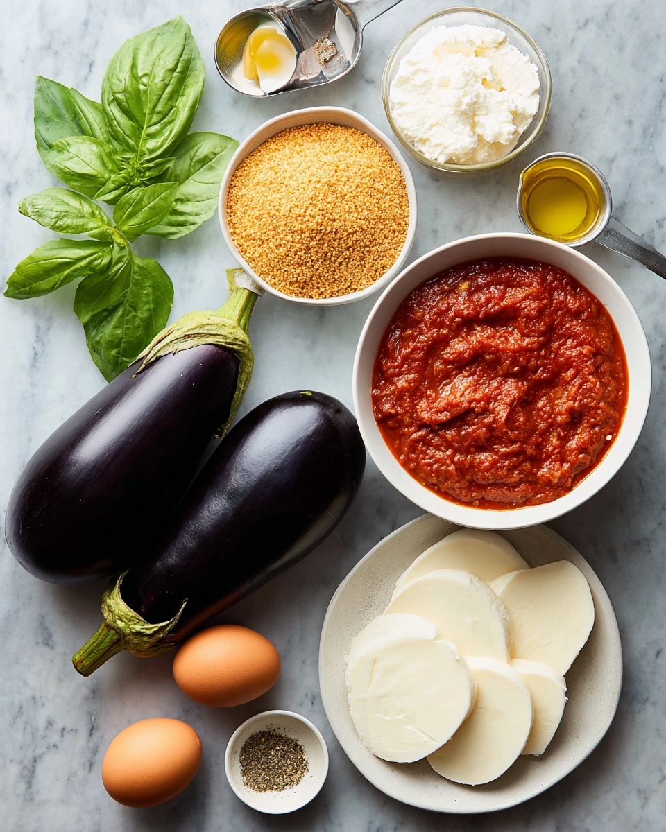 Two dark purple eggplants lie side by side at the center left on a white marbled surface, with bright green basil leaves above them. On the right side, a white bowl holds thick red tomato sauce that fills the bowl. Below and slightly to the right, a white bowl contains golden-brown breadcrumbs. Two brown eggs are positioned next to the breadcrumbs. At the bottom right, a white plate holds several white slices of mozzarella cheese layered near a wedge of pale yellow hard cheese. Small bowls with powdered spices, dried herbs, and a metal measuring cup with olive oil are scattered around the eggplants and eggs. Photo taken with an iphone --ar 4:5 --v 7