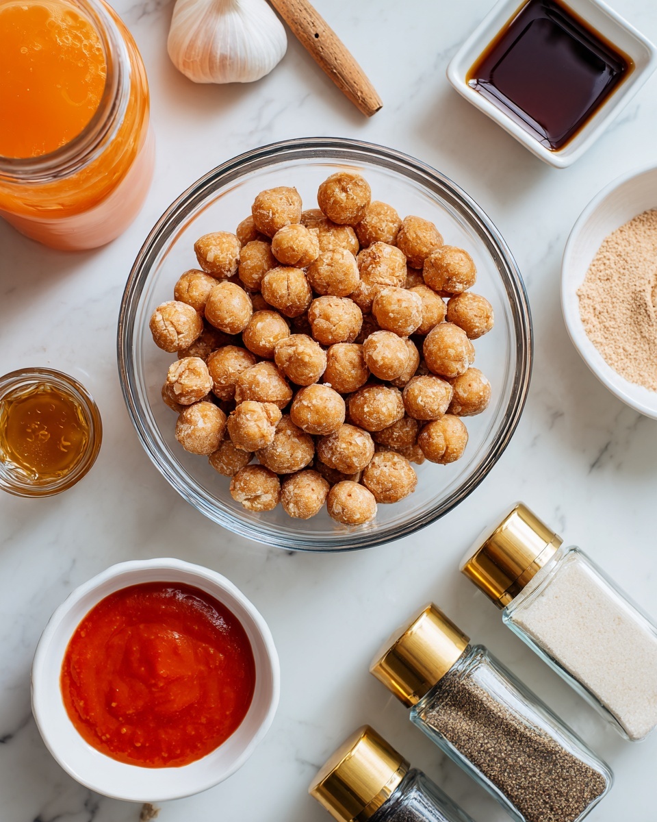 A clear glass bowl filled with many small, round, light brown balls that have a slightly rough texture, placed in the center on a white marbled surface. Around the bowl, there is a glass jar with orange liquid and a wooden stick inside it on the top left, a small white square dish with dark brown liquid below it, and a small white round bowl with thick bright red sauce below that. On the right side of the glass bowl, there is a small white squarish bowl with light beige powder, and next to it are two glass spice jars with golden caps, one labeled ground black pepper and the other garlic salt. A whole white garlic bulb lies between the two sauce bowls and the spice jars. Photo taken with an iphone --ar 4:5 --v 7
