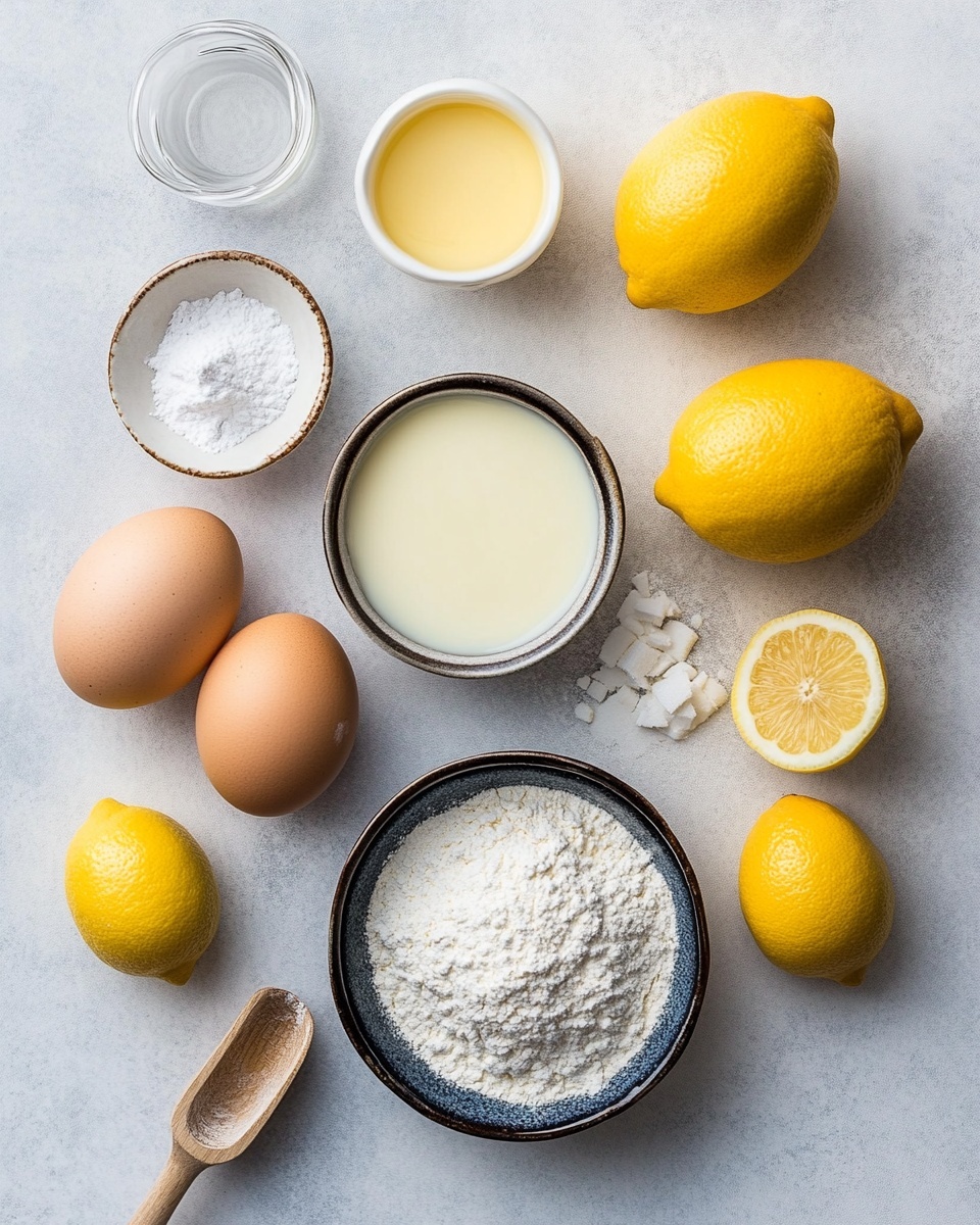 The image shows nine square pieces of soft lemon cake arranged on a wooden board, each piece having a light yellow inside with a slightly crumbly texture and a dusting of powdered sugar on top. The powdered sugar creates a white layer that contrasts with the yellow cake, and there is some powdered sugar scattered on the wooden board around the cake pieces. The background contains a bowl full of whole and halved lemons with green leaves, blurred to keep focus on the cake. The setting is on a dark surface with soft lighting highlighting the texture of the cake. Photo taken with an iphone --ar 4:5 --v 7