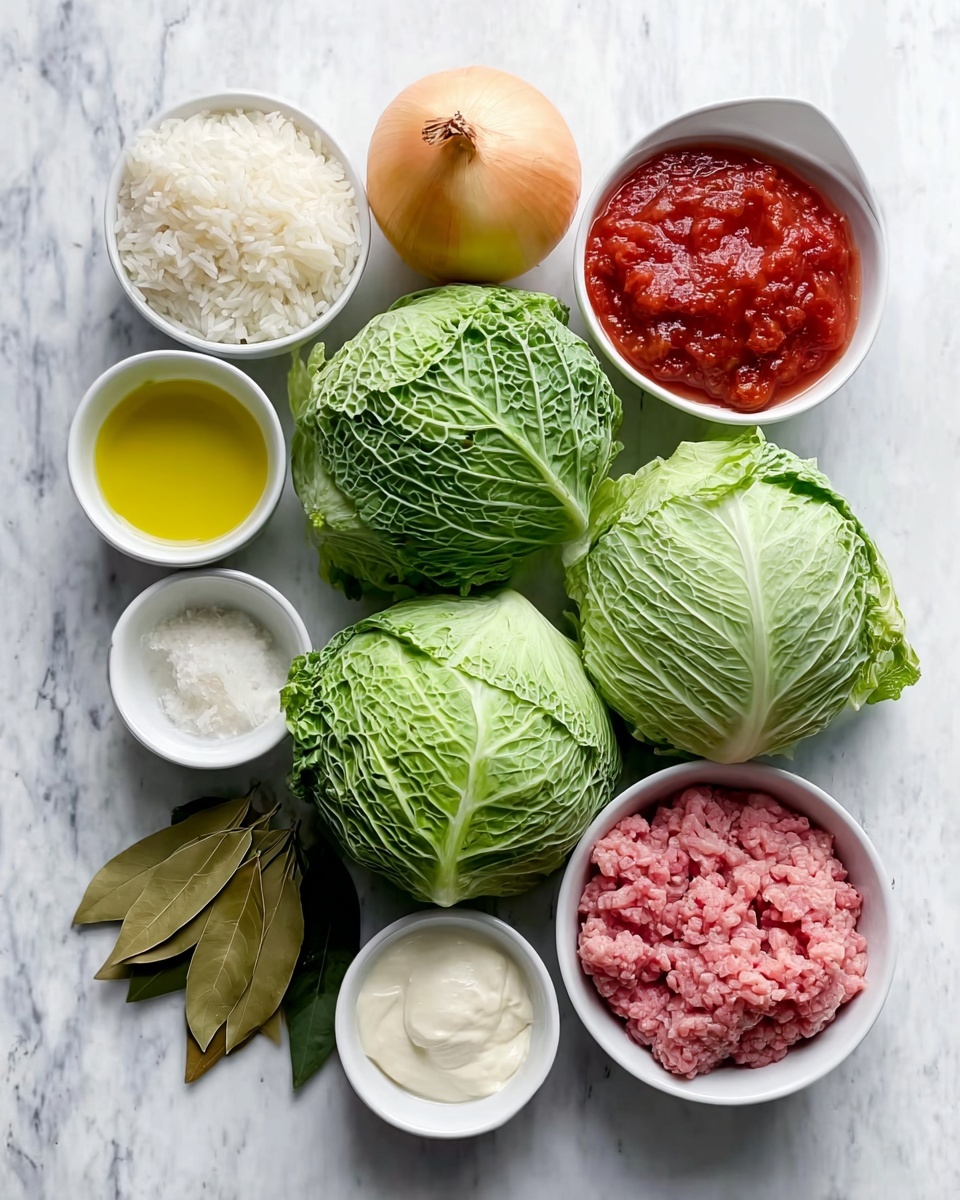 A close-up view of eight stuffed cabbage rolls arranged closely in a white pan filled with bright orange sauce. Each roll is tightly wrapped with dark green cabbage leaves showing textured veins and slight charring. The rolls have a browned, slightly crispy surface with some green herb leaves and sprigs of fresh dill scattered on top. The vibrant orange sauce is creamy with a smooth texture, pooling beneath the rolls and adding contrast to the green and brown tones. The background is a white marbled surface. photo taken with an iphone --ar 4:5 --v 7