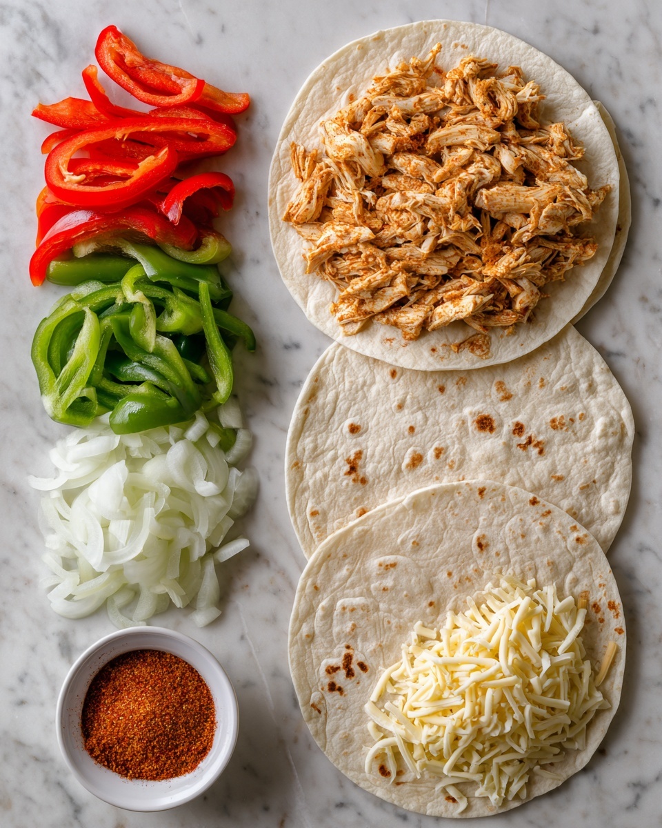 The image shows a white marbled surface with four soft flour tortillas stacked on the right side, one topped with a layer of cooked, shredded chicken seasoned with spices. To the left of the tortillas are three piles of sliced vegetables: bright red bell peppers at the top, green bell peppers in the middle, and white onion slices below them. Below the onions is a small white bowl filled with reddish-orange seasoning powder. On the bottom right is a small heap of shredded yellow and white cheese. The ingredients are neatly arranged in separate groups, ready to make chicken fajitas. Photo taken with an iphone --ar 4:5 --v 7