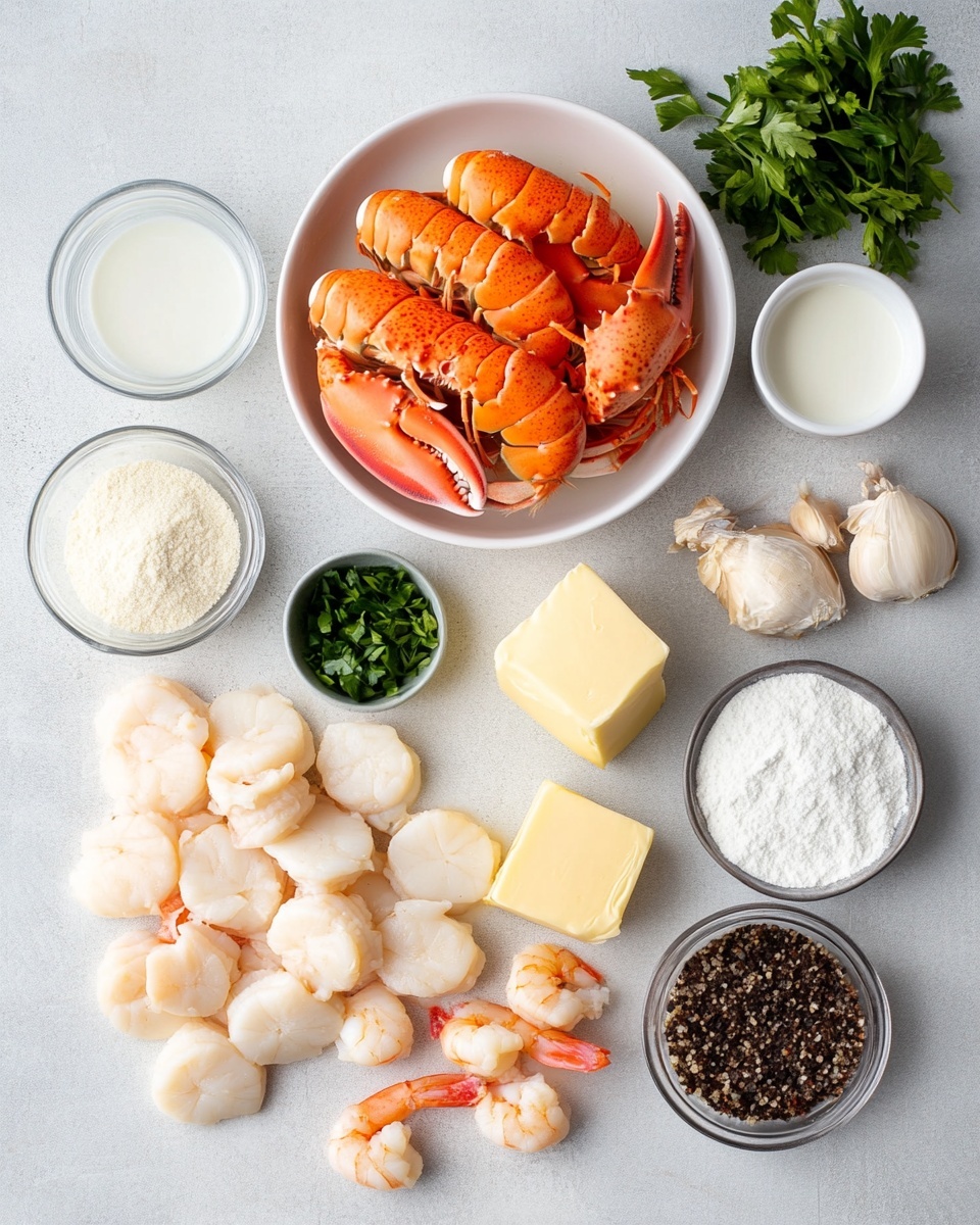 A close-up of a creamy seafood soup served in a white bowl with a dark brown rim, filled with a light yellow broth. The soup has large pieces of cooked shrimp and scallops that show light orange and white colors, scattered throughout. Small bits of orange carrot and chopped green herbs float on top, adding color and texture contrast. The bowl is placed on a white marbled surface, and the soup looks rich and fresh. Photo taken with an iphone --ar 4:5 --v 7