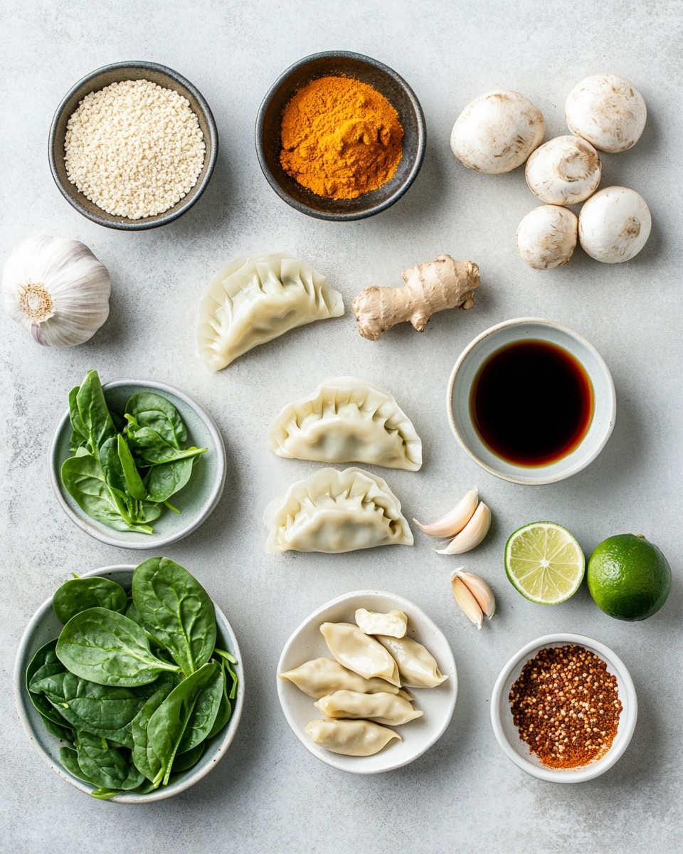 A white baking dish with a blue rim holds a baked dish with a thick, creamy reddish-orange sauce covered with folded, golden yellow dumplings or pasta layered unevenly across the top. The sauce appears rich and textured, with small browned spots where it has baked. Scattered on top are small dollops of dark red chili oil or sauce and bright green sliced spring onions, adding pops of color against the warm-toned sauce and pasta. The dish rests on a white marbled surface with some small bowls nearby containing extra garnishes. photo taken with an iphone --ar 4:5 --v 7
