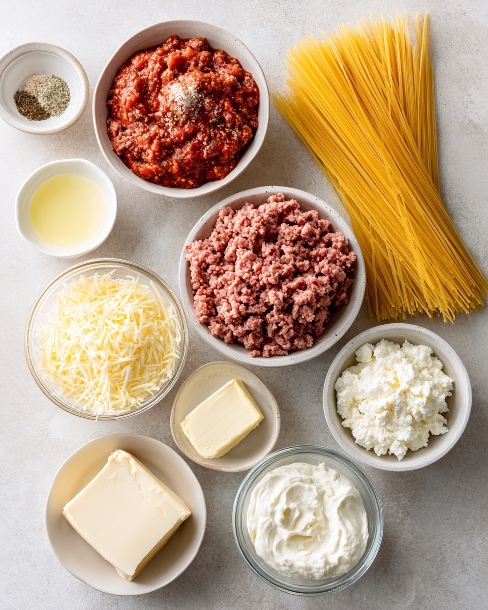 A thick square piece of spaghetti pie sits on a white plate placed on a white marbled surface. The bottom layer is a creamy mixture with short spaghetti strands, colored light pale yellow with cheese specks. Above that is a rich reddish-brown meat sauce layer, packed with ground meat. The top layer is a smooth, melted golden-yellow cheese blanket with small black pepper specks sprinkled over. To the side of the plate, there is a small portion of green salad with dark green leaves and small red pieces. Photo taken with an iphone --ar 4:5 --v 7