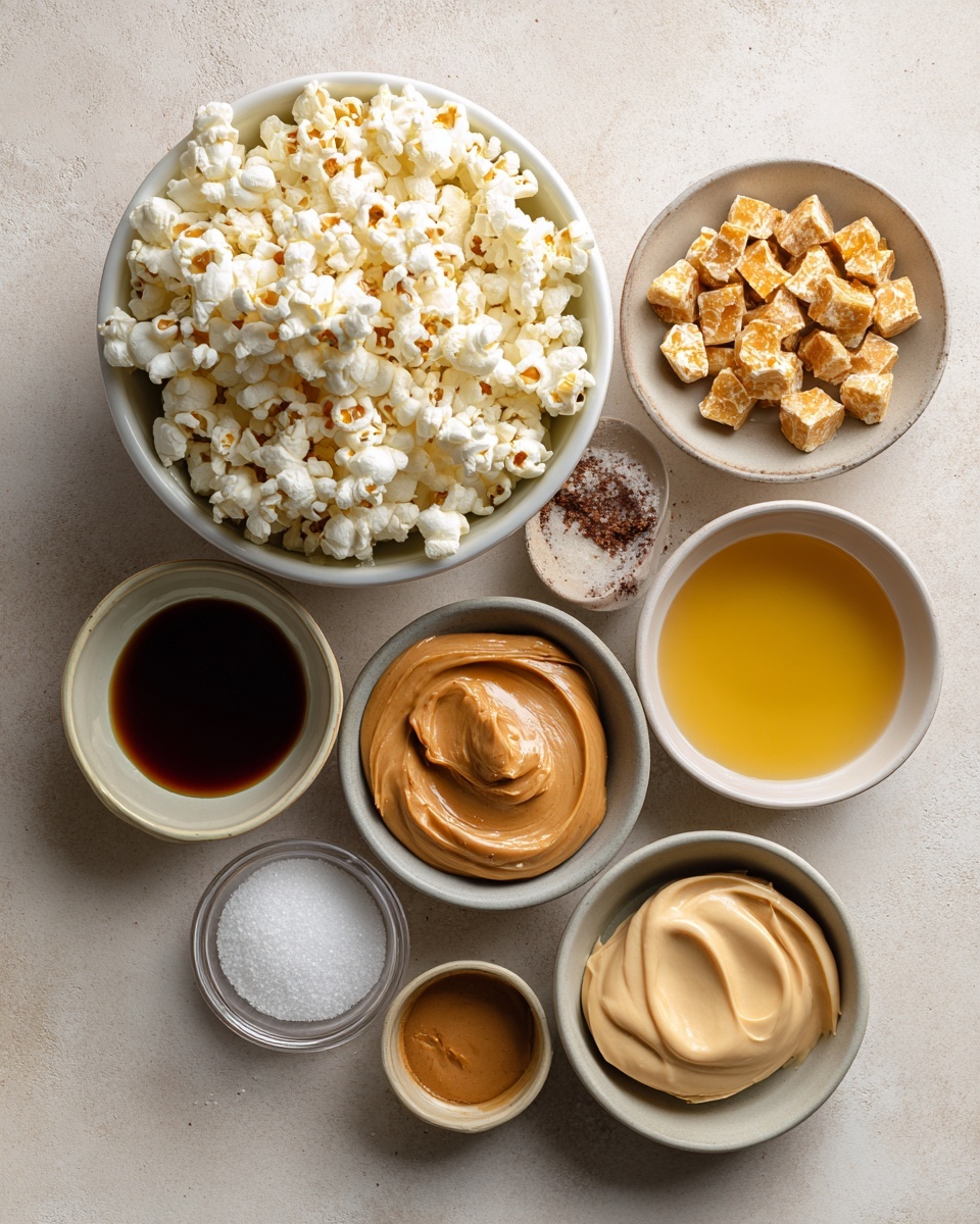 A layer of light caramel popcorn with a shiny coating fills a rectangular white metal baking pan. Mixed evenly throughout the popcorn are small round candy pieces in bright orange, yellow, and dark brown colors. The popcorn clusters vary in size, creating a textured surface with some white popcorn visible under the caramel coating. The pan sits on a white marbled surface with a light blue brick wall in the background. photo taken with an iphone --ar 4:5 --v 7