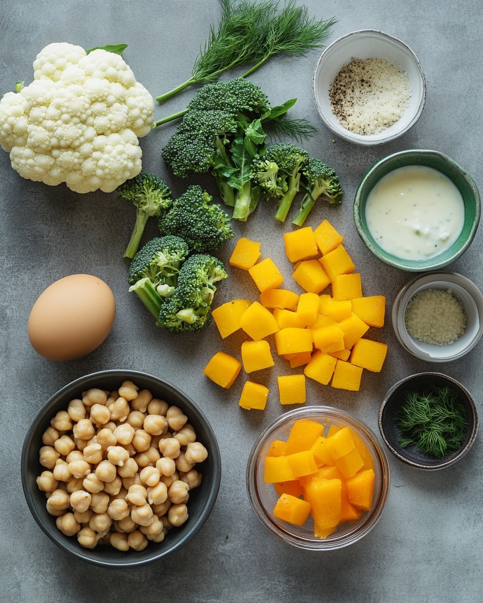 A white bowl holds four browned meatballs positioned near the bottom left, resting on a bed of roasted chickpeas, bright orange cubed butternut squash, green broccoli, and white cauliflower with some charred edges. Two dollops of sauces sit on top toward the upper left – one is a red chunky sauce, and the other is a creamy white sauce with green herbs mixed in. A fork stands on the right side of the bowl, partially inserted into the vegetables. The bowl is placed on a white marbled surface, with parts of a tray of roasted vegetables and two small dishes of sauces visible in the top and right edges of the image. photo taken with an iphone --ar 4:5 --v 7