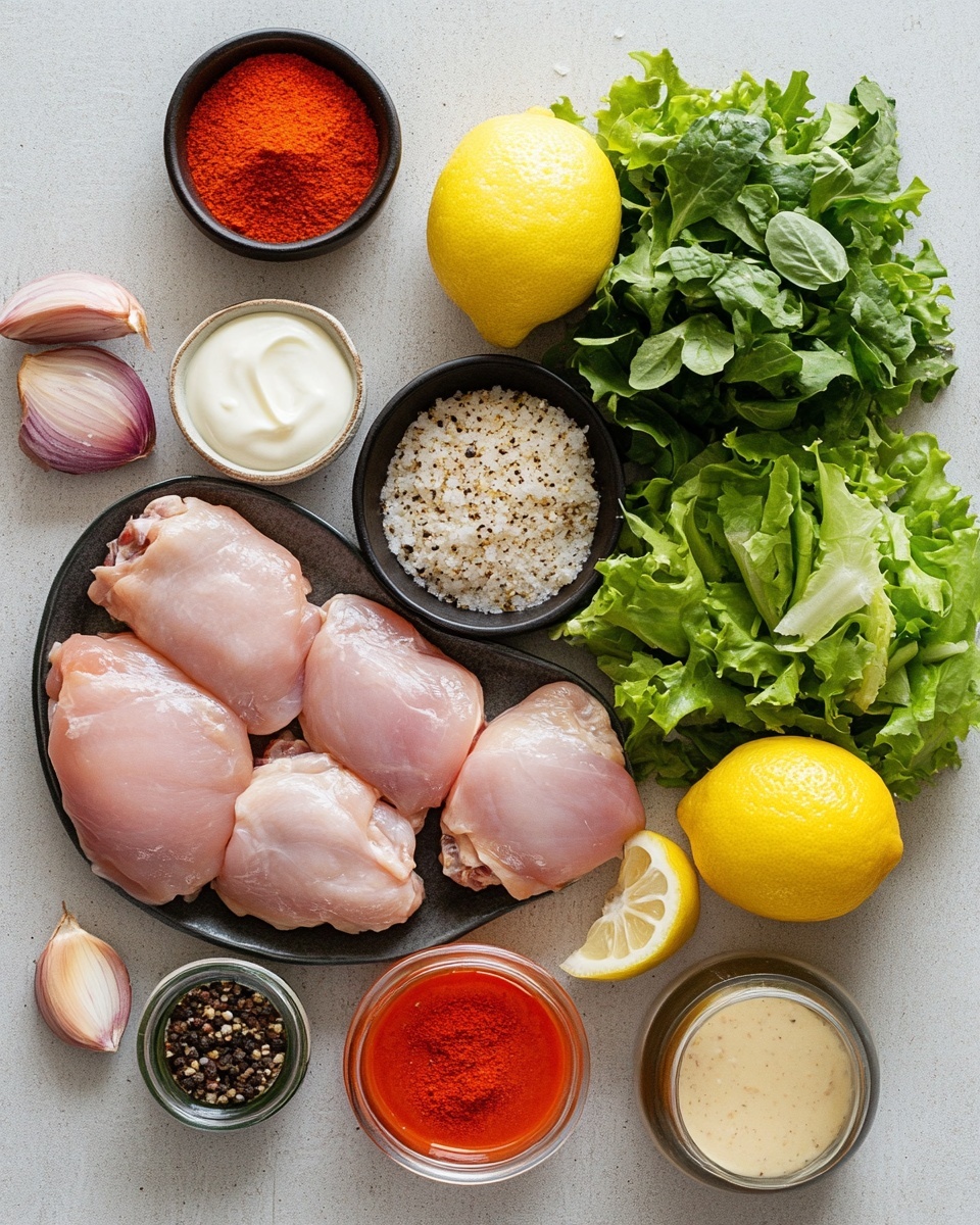 The image shows two clear rectangular food containers on a white marbled surface. Each container has a base layer of fresh green lettuce leaves spread evenly. On top, there are pieces of grilled dark brown chicken arranged in a row on one side. Both containers have sliced red tomato wedges and thin rings of purple onion placed on the other side. A white sauce is drizzled over the chicken and some parts of the vegetables, along with a bright red sauce dotted on the chicken, adding contrast. The overall look is fresh with a balance of colors: green, red, purple, dark brown, white, and red. Photo taken with an iphone --ar 4:5 --v 7