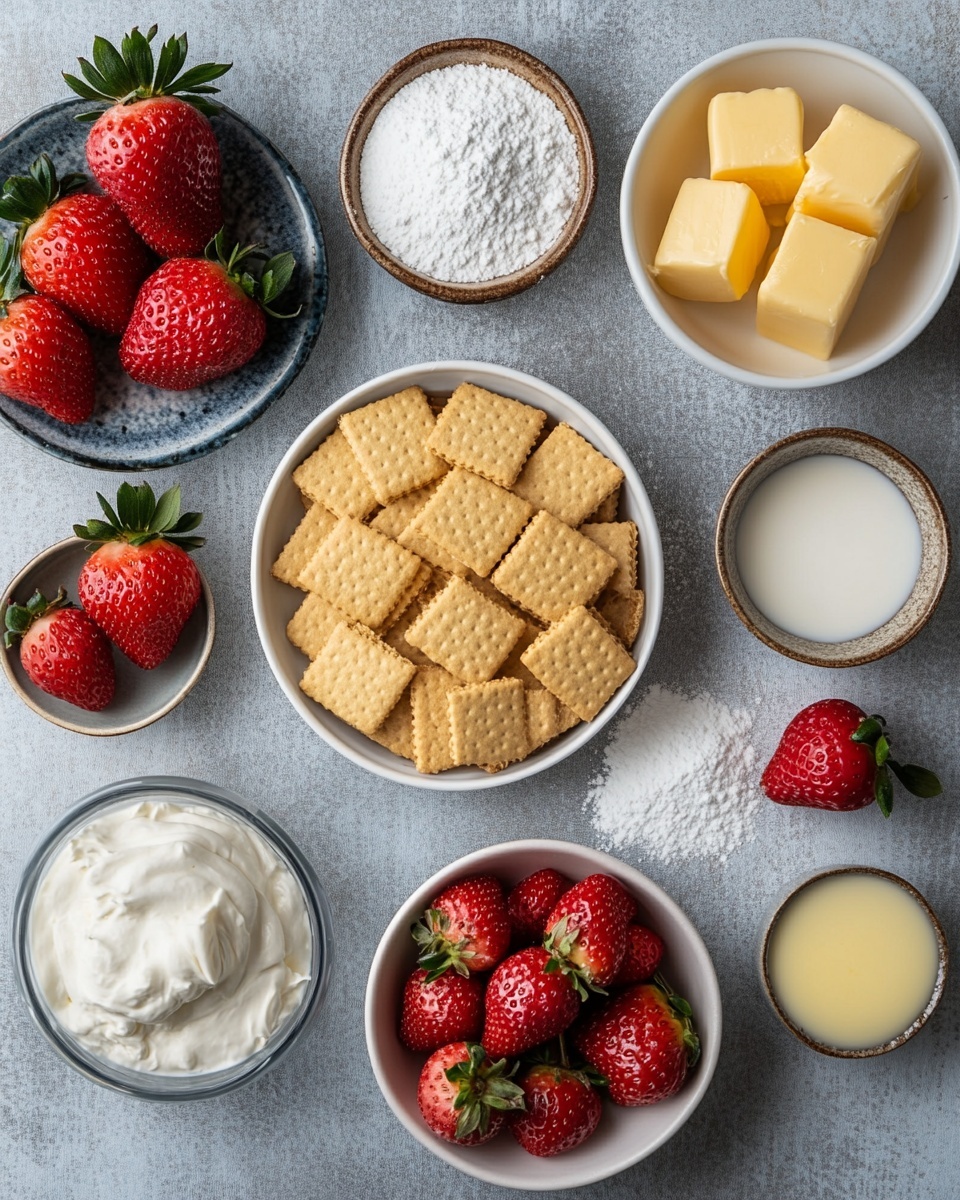 The image shows a close-up of a slice of a creamy pie with three distinct layers: at the base, there is a golden brown crumbly crust, followed by a thick pale yellow creamy filling with tiny dark specks throughout, and topped with a smooth white layer. On top of the slice, a few fresh berries are placed, including bright red raspberries and deep purple blackberries. In the background, a white bowl filled with bright red strawberries is visible, set against a white marbled surface. Photo taken with an iphone --ar 4:5 --v 7
