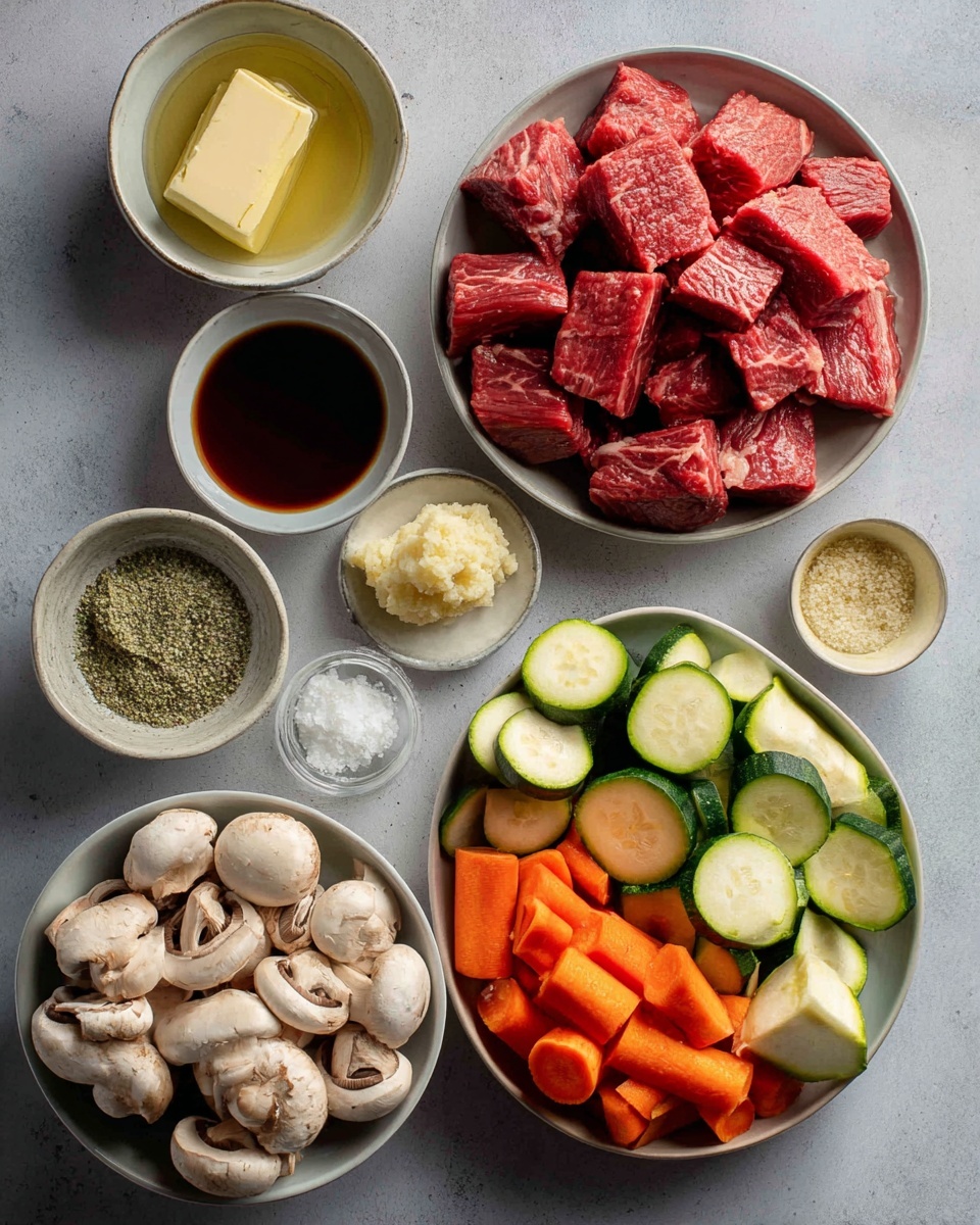 The image shows two white bowls filled with food on a white marbled surface. Each bowl has three main parts: on the left, there are dark browned beef cubes sprinkled with sesame seeds and small green herb pieces, with a creamy light sauce drizzled on top; in the front bottom, there is a colorful mix of cooked vegetables including orange carrot slices, green zucchini pieces, and light brown mushroom slices with a creamy sauce; on the right side, a pile of light brown fried rice mixed with small bits of red, orange, and green vegetables. In the nearest bowl, a small cup with an orange creamy dipping sauce sits on top of the rice near the center. Resting across the bowls are wooden chopsticks. The overall setting is bright and clean with extra elements like a bottle, a small bowl of sesame seeds, and a panda chopstick holder nearby. photo taken with an iphone --ar 4:5 --v 7