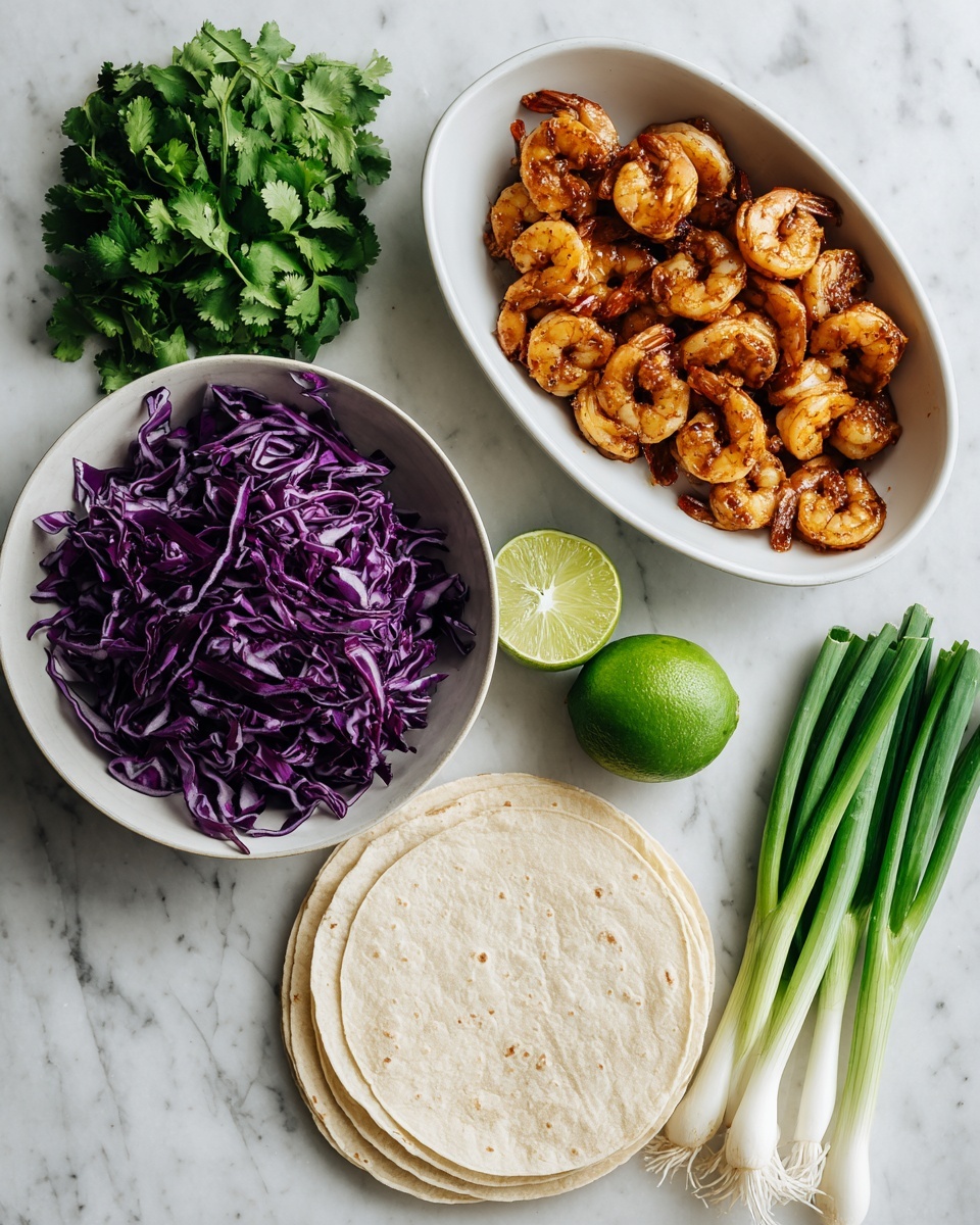 The image shows fresh ingredients arranged neatly on a white marbled surface. There is a small pile of green cilantro leaves on the top left, next to an oval white bowl filled with glazed, cooked shrimp that are orange-brown in color. Below the cilantro, a white bowl holds shredded purple cabbage with rich deep tones. To the right of the cabbage, there is a stack of white corn tortillas that are light beige and slightly textured. Above the tortillas, a whole bright green lime sits beside a lime half showing its juicy interior. On the far right, a cluster of green onions with white bulbs and long green stalks lay flat on the surface. photo taken with an iphone --ar 4:5 --v 7