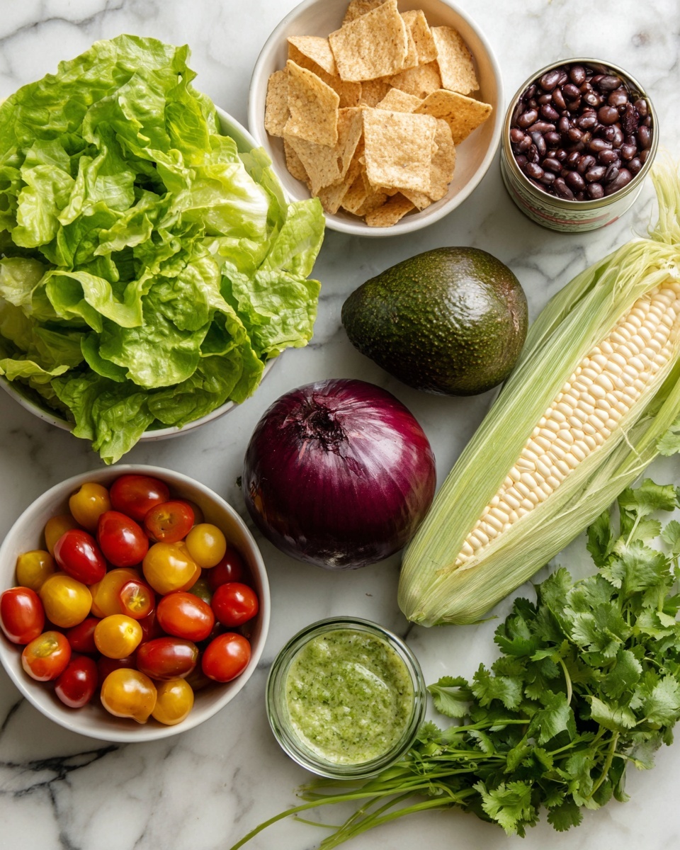 The image shows an arrangement of fresh ingredients on a white marbled surface. There is a bowl filled with green lettuce leaves on the bottom left. Above it, a whole purple onion and a dark green avocado are placed close together. To the right, a white bowl holds small red and yellow cherry tomatoes. Above that bowl, there is a smaller white bowl containing light brown chips or crisps. A can of black beans stands vertically next to an ear of corn with its green husk partially intact, positioned on the right side. Near the bottom right corner, some fresh green cilantro leaves lay loosely, and next to them is a small glass container of green dressing or sauce. The arrangement is clean and bright, with all items clearly visible. photo taken with an iphone --ar 4:5 --v 7