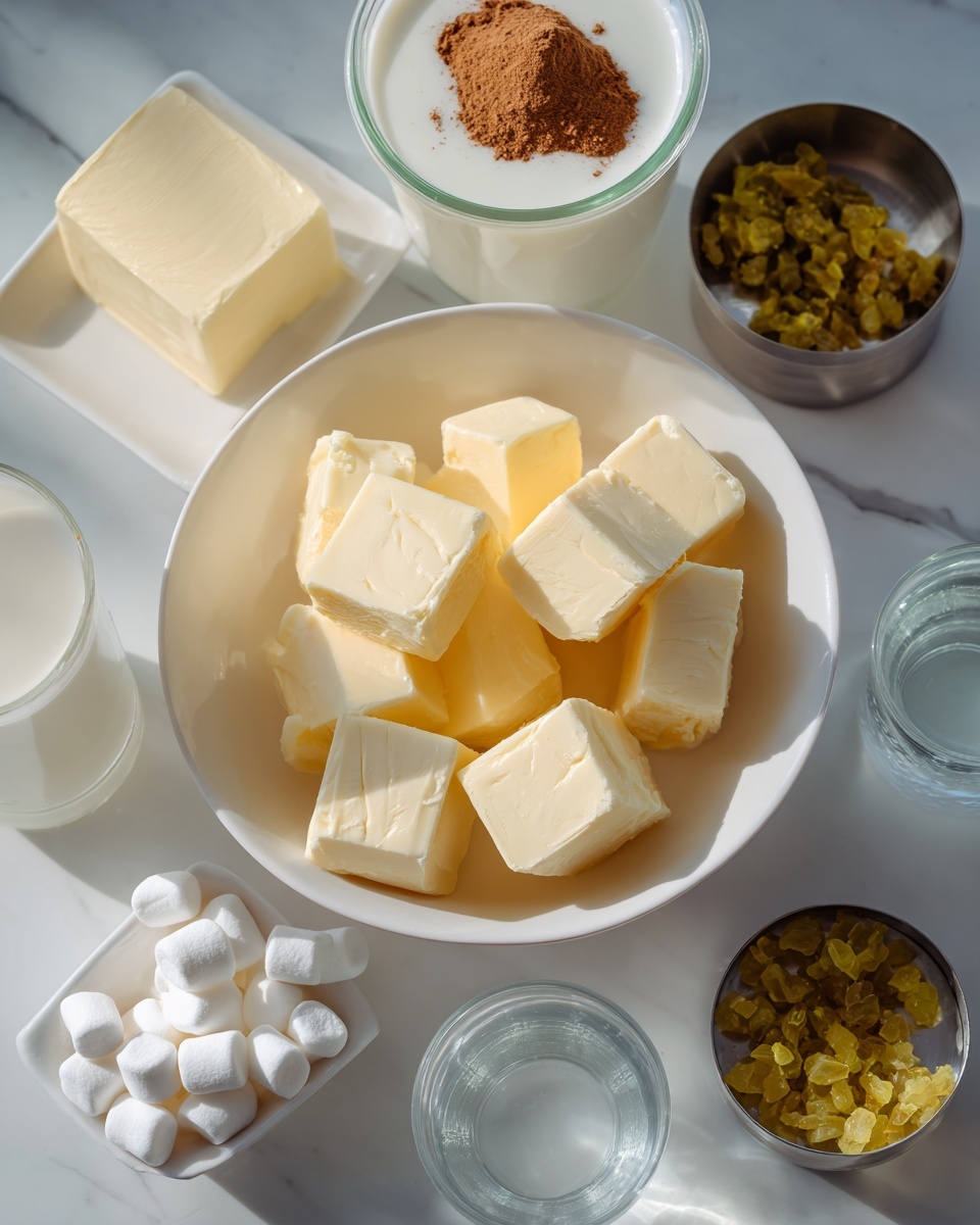 A white bowl filled with many cubes of pale yellow butter sits in the middle on a white marbled surface. To the lower right, a smaller white bowl holds white marshmallows. To the left side, a small white square dish contains a single larger pale yellow cube of butter. Above this, there is a glass cup of white milk. In the upper center, a small glass container shows brown cinnamon powder inside. Toward the upper right, a metal small container holds chopped yellow-green pieces of a relish or chutney. Finally, to the right, a small clear glass cup holds a little water. The light is bright and natural, highlighting the soft textures and colors of the ingredients. Photo taken with an iphone --ar 4:5 --v 7