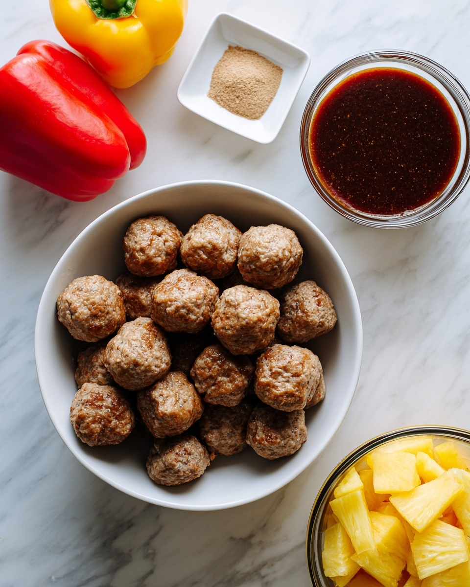 The image shows a white bowl filled with round, lightly browned meatballs stacked in a loose pile. To the left, there is a red bell pepper and a yellow bell pepper placed on the white marbled surface. Above the bowl, a small white square dish contains a small amount of light brown powder. On the right side, there is a clear glass measuring cup filled with thick, dark barbecue sauce, and below it, a half-open can filled with yellow pineapple chunks and juice can be seen. The whole setup rests on a white marbled surface with soft natural lighting. photo taken with an iphone --ar 4:5 --v 7